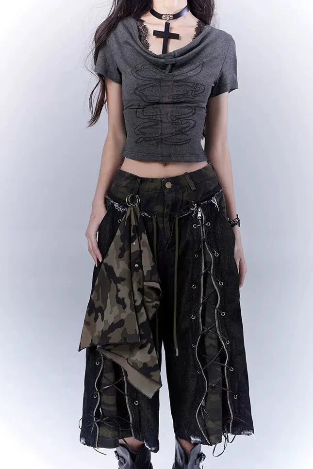 Camouflage Distressed Cropped Pants + Scarf - Image 8