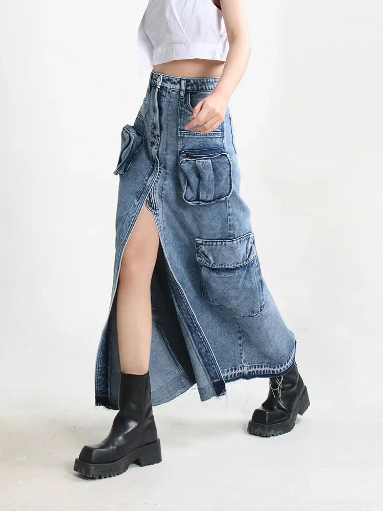 Cargo Split Denim Midi Skirt - Image 3