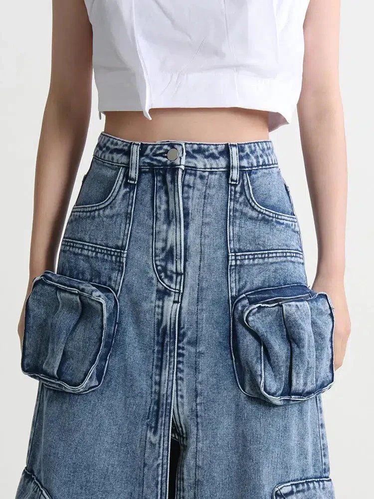 Cargo Split Denim Midi Skirt - Image 4