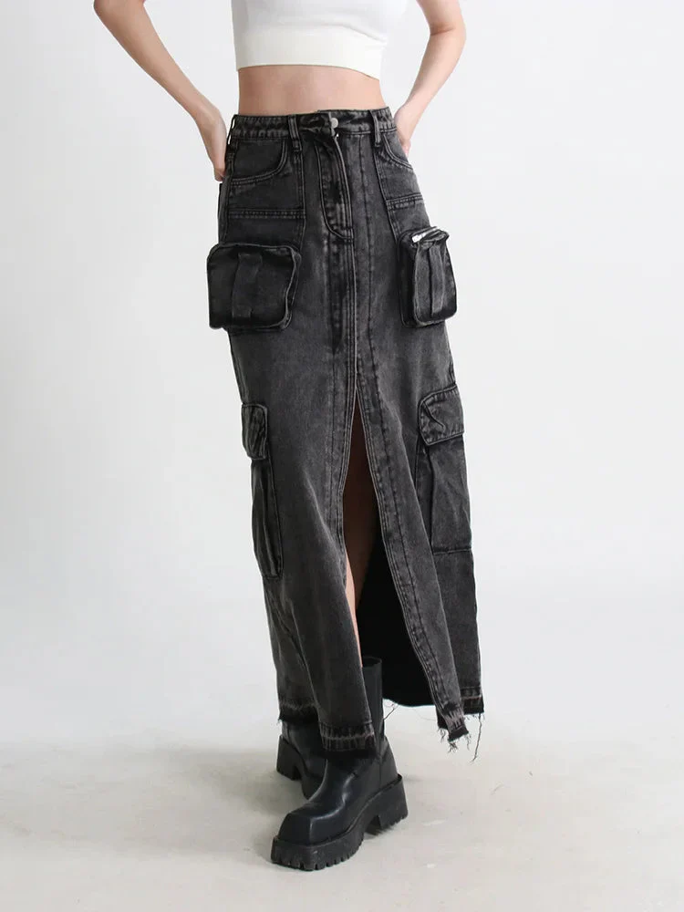 Cargo Split Denim Midi Skirt - Image 5