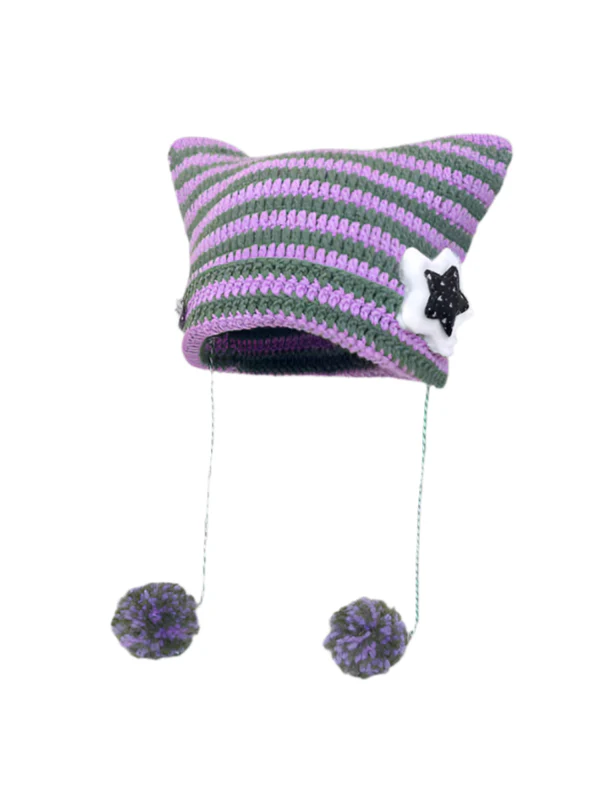 Cat Ears Star Striped Y2K Beanie - Image 2
