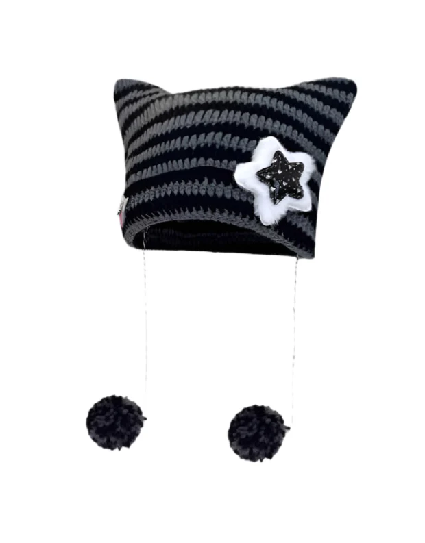 Cat Ears Star Striped Y2K Beanie - Image 4
