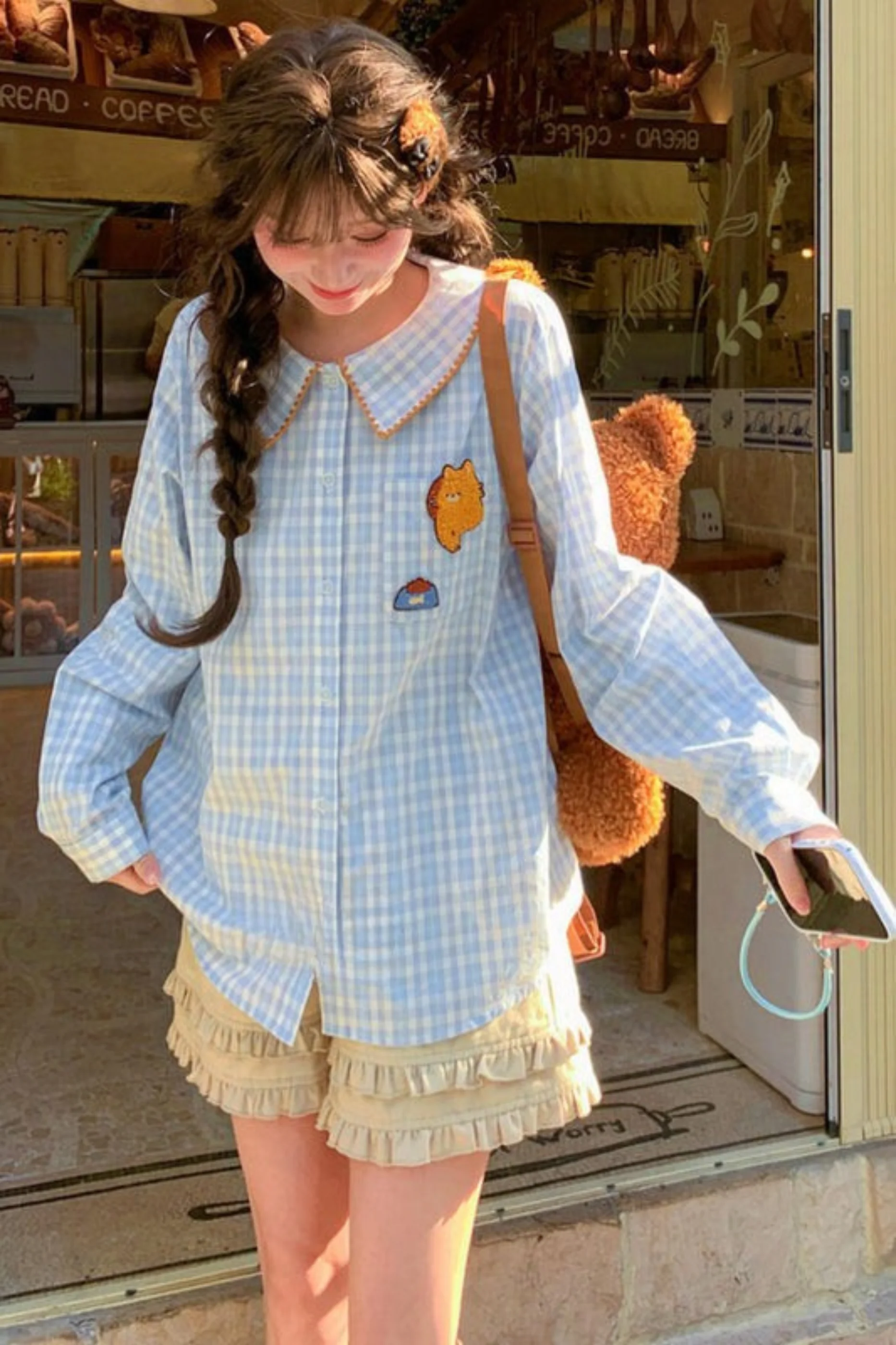 Cat Embroidered Plaid Blouse - Image 5