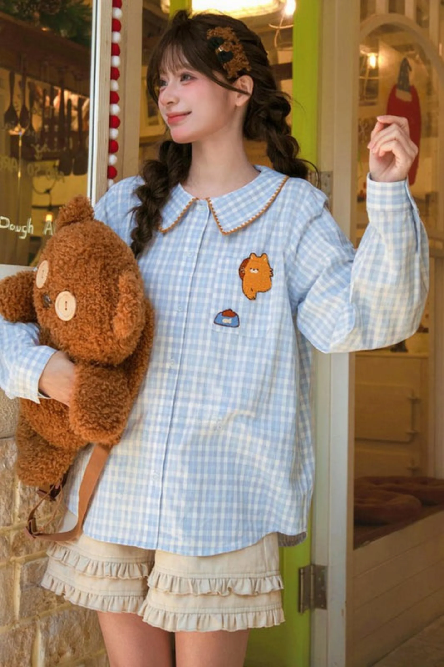 Cat Embroidered Plaid Blouse - Image 2