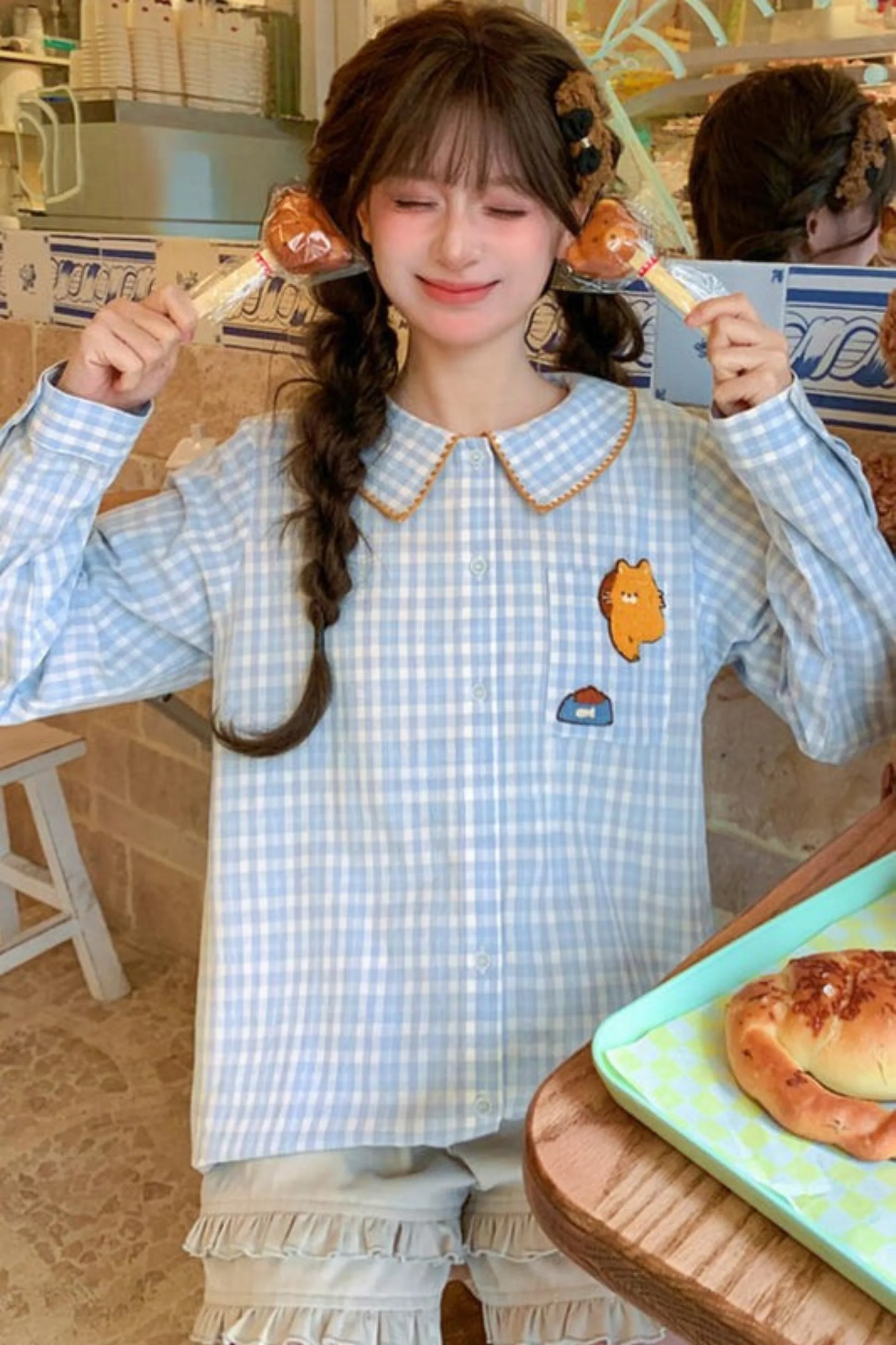 Cat Embroidered Plaid Blouse - Image 3