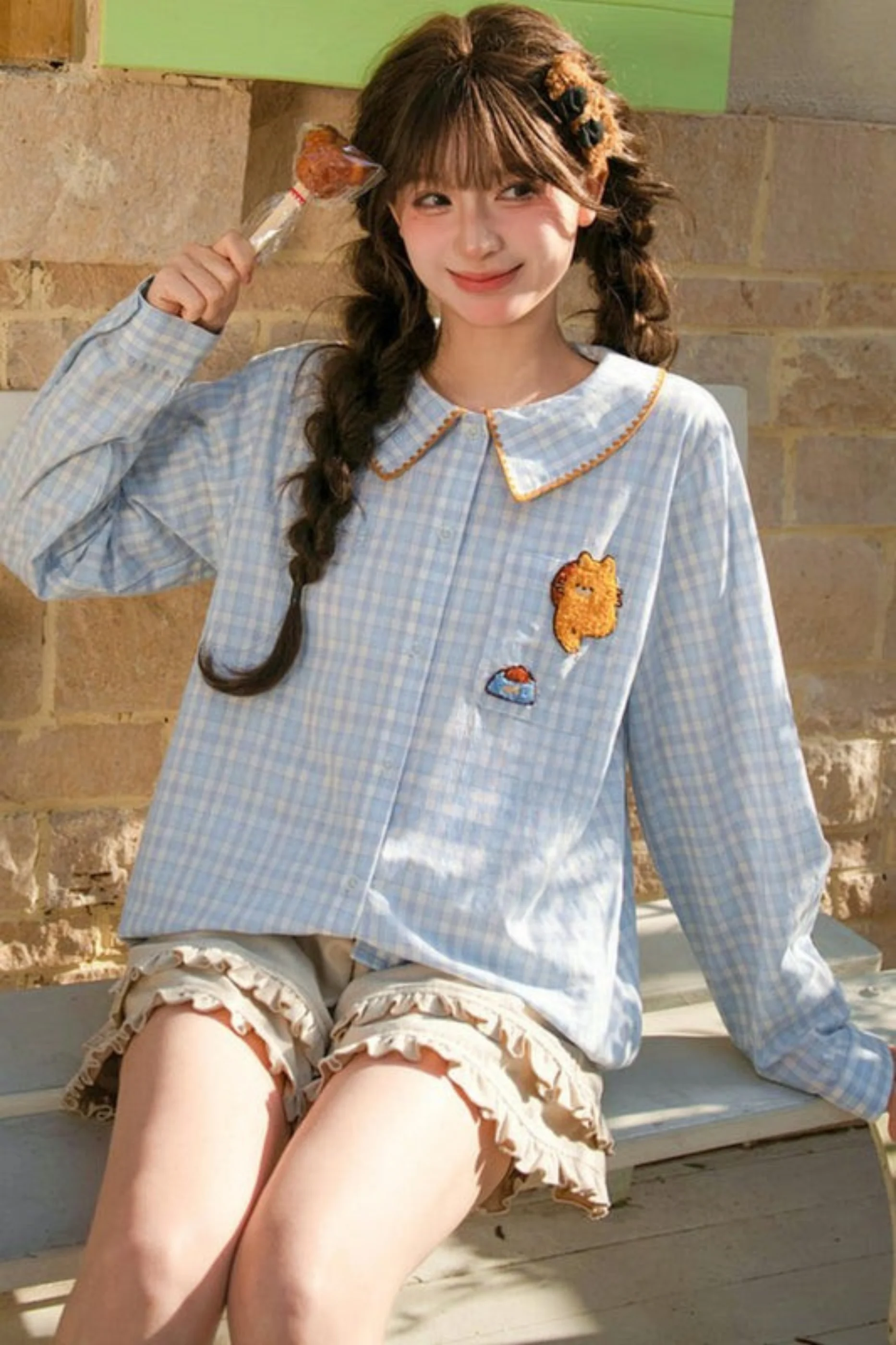 Cat Embroidered Plaid Blouse - Image 4