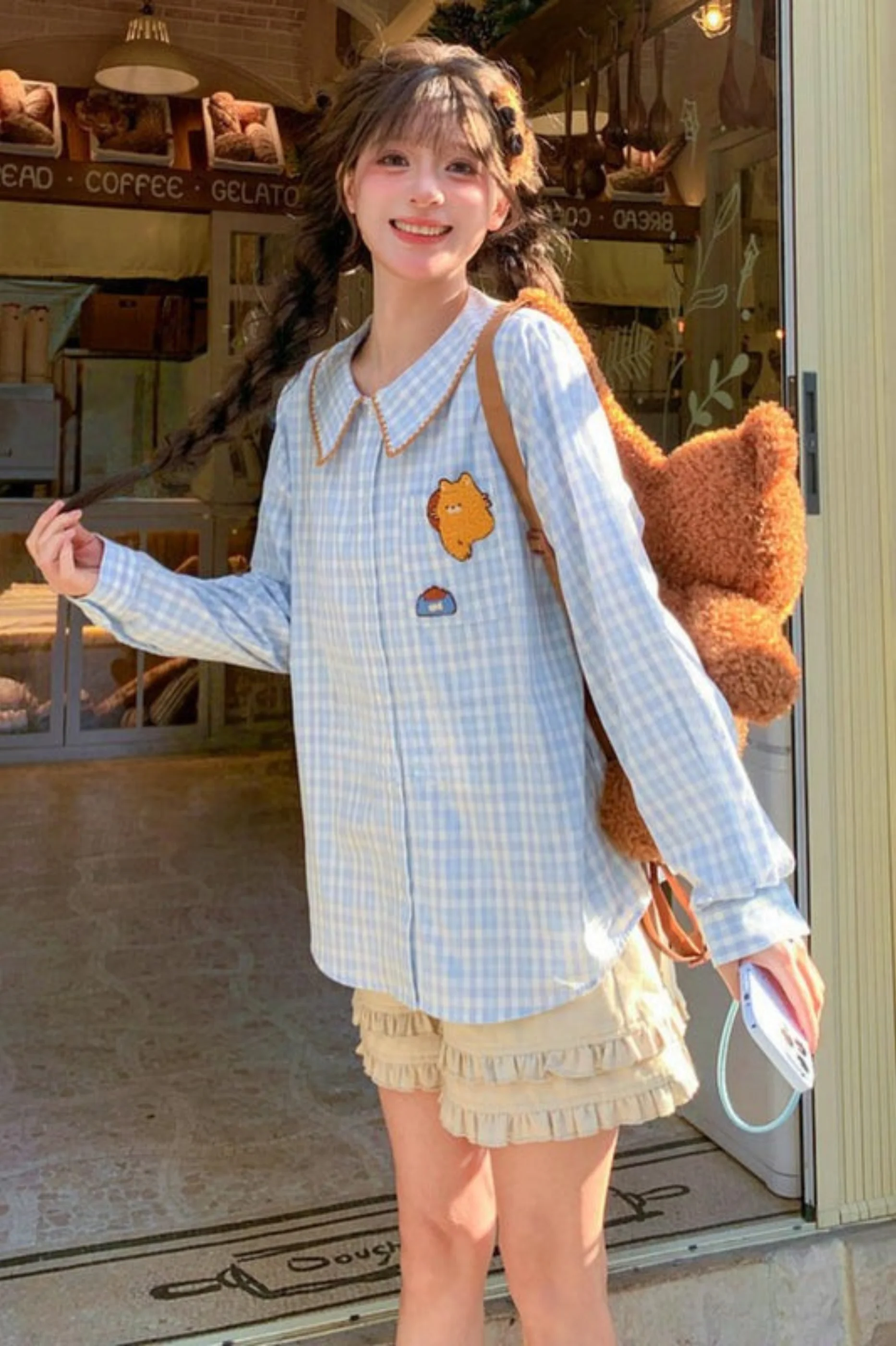 Cat Embroidered Plaid Blouse - Image 6