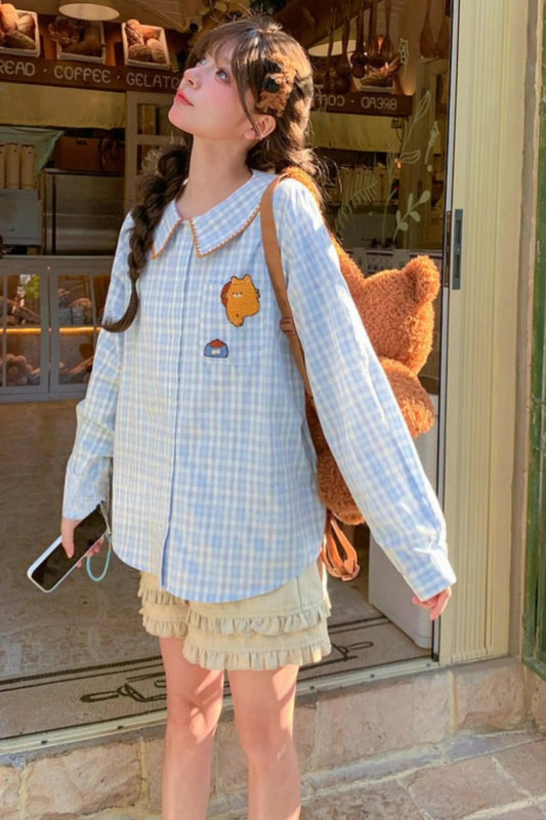 Cat Embroidered Plaid Blouse - Image 7