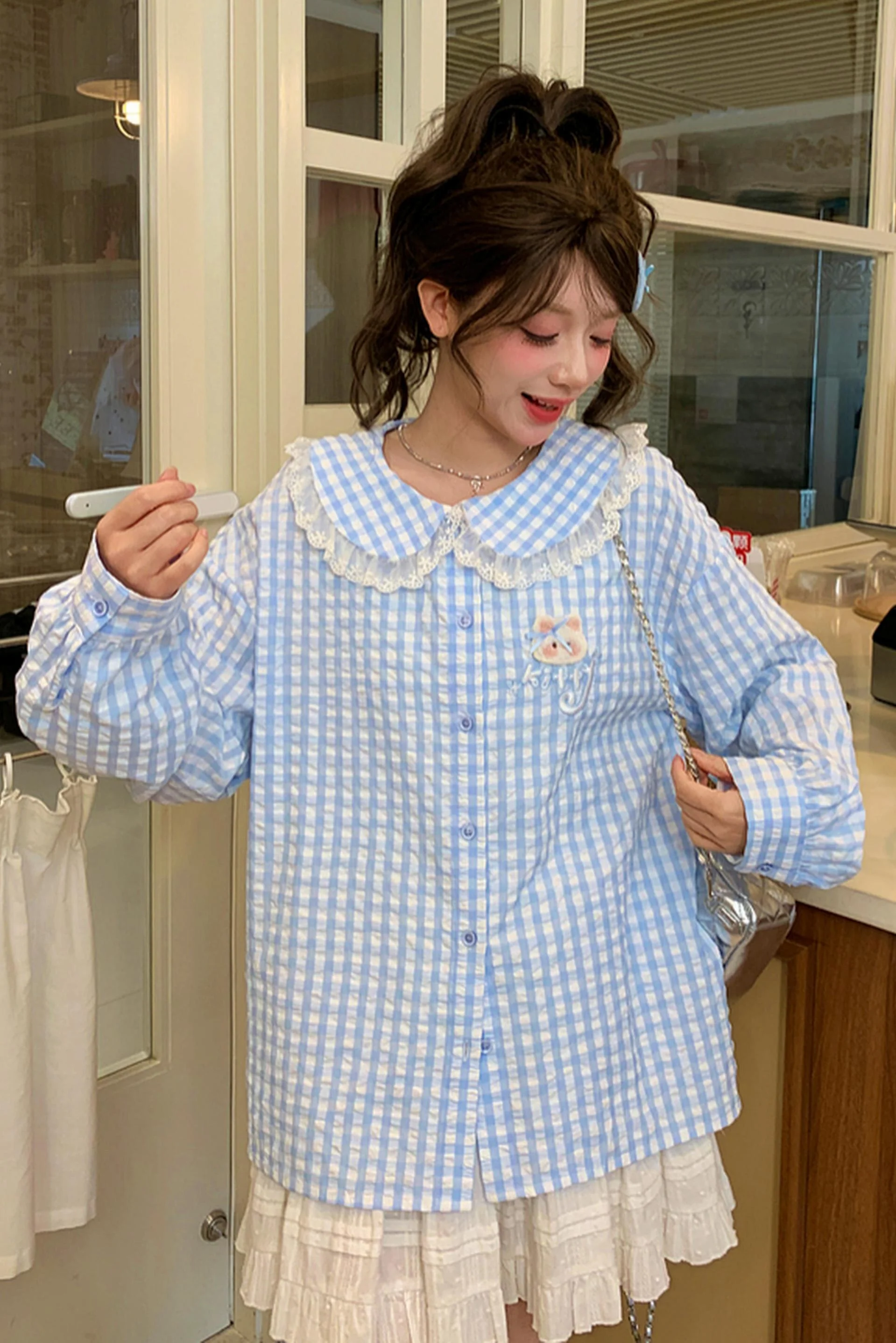 Cat Embroidery Doll Collar Blouse - Image 3