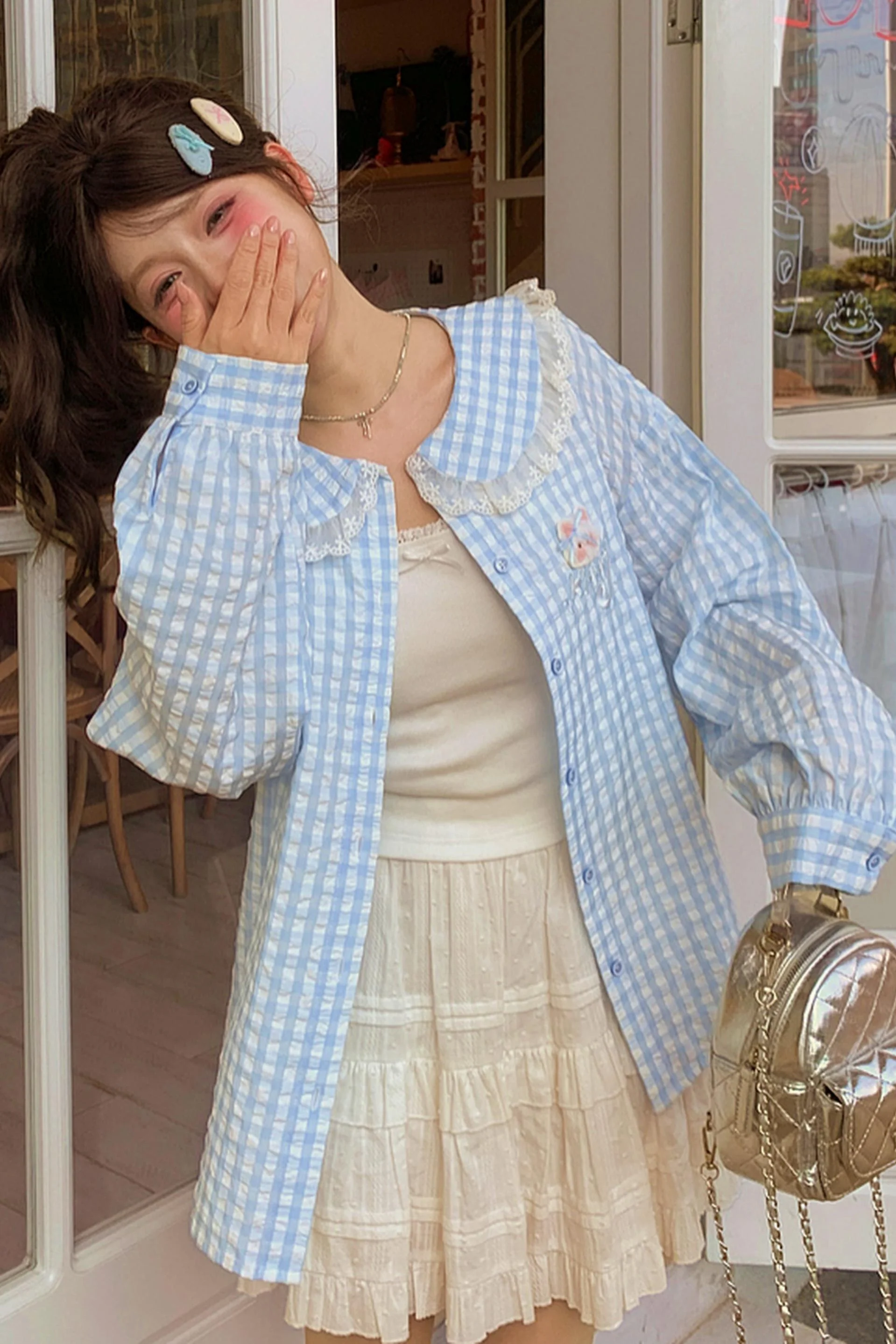 Cat Embroidery Doll Collar Blouse - Image 4
