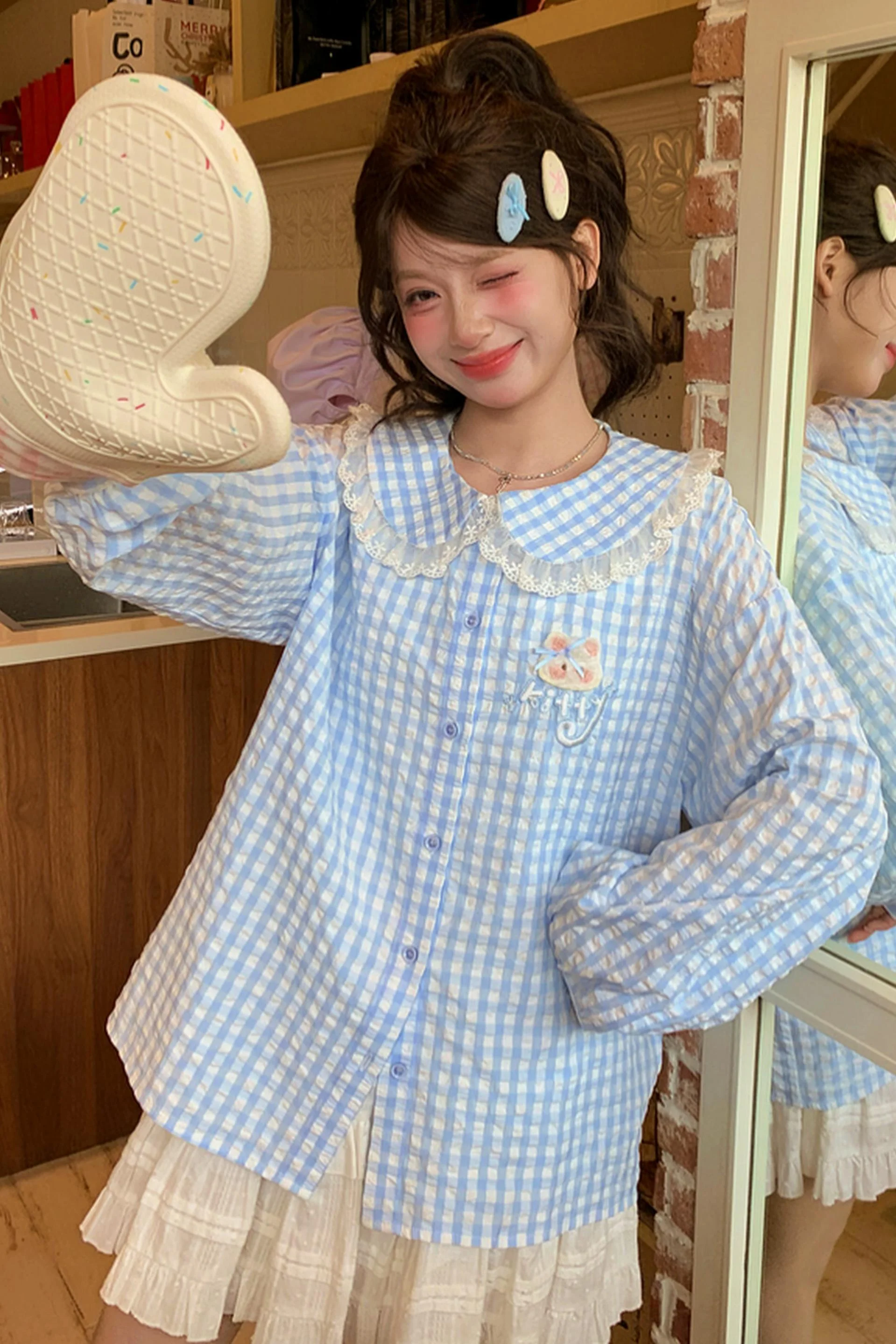 Cat Embroidery Doll Collar Blouse - Image 5