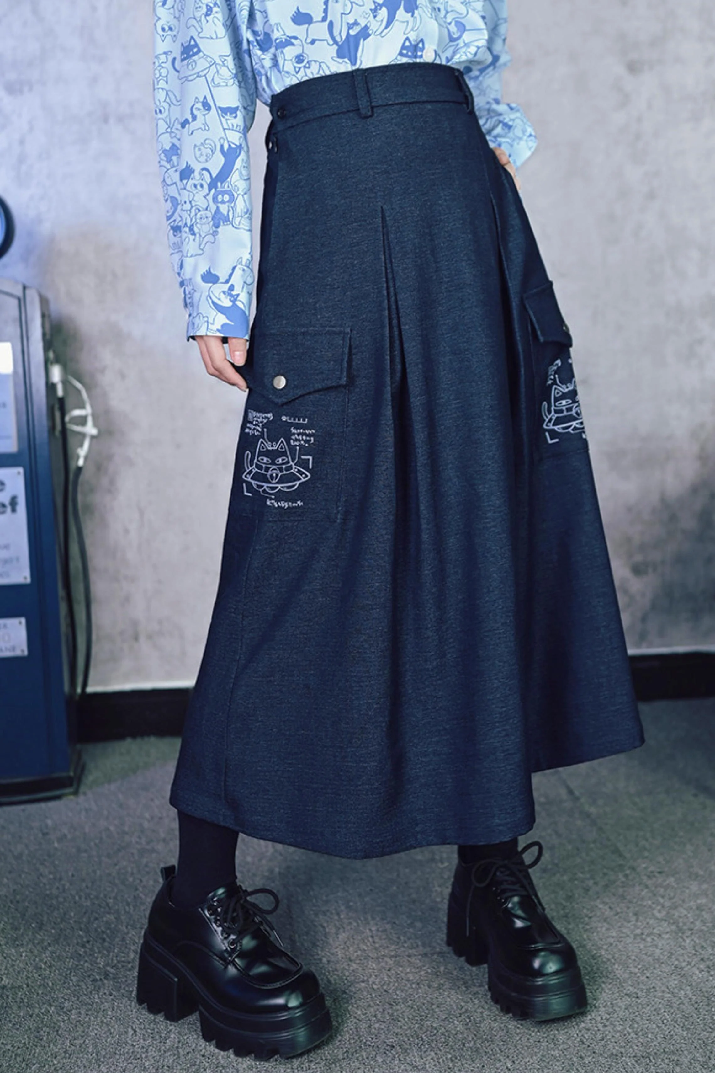 Cat Print Denim Skirt - Image 3