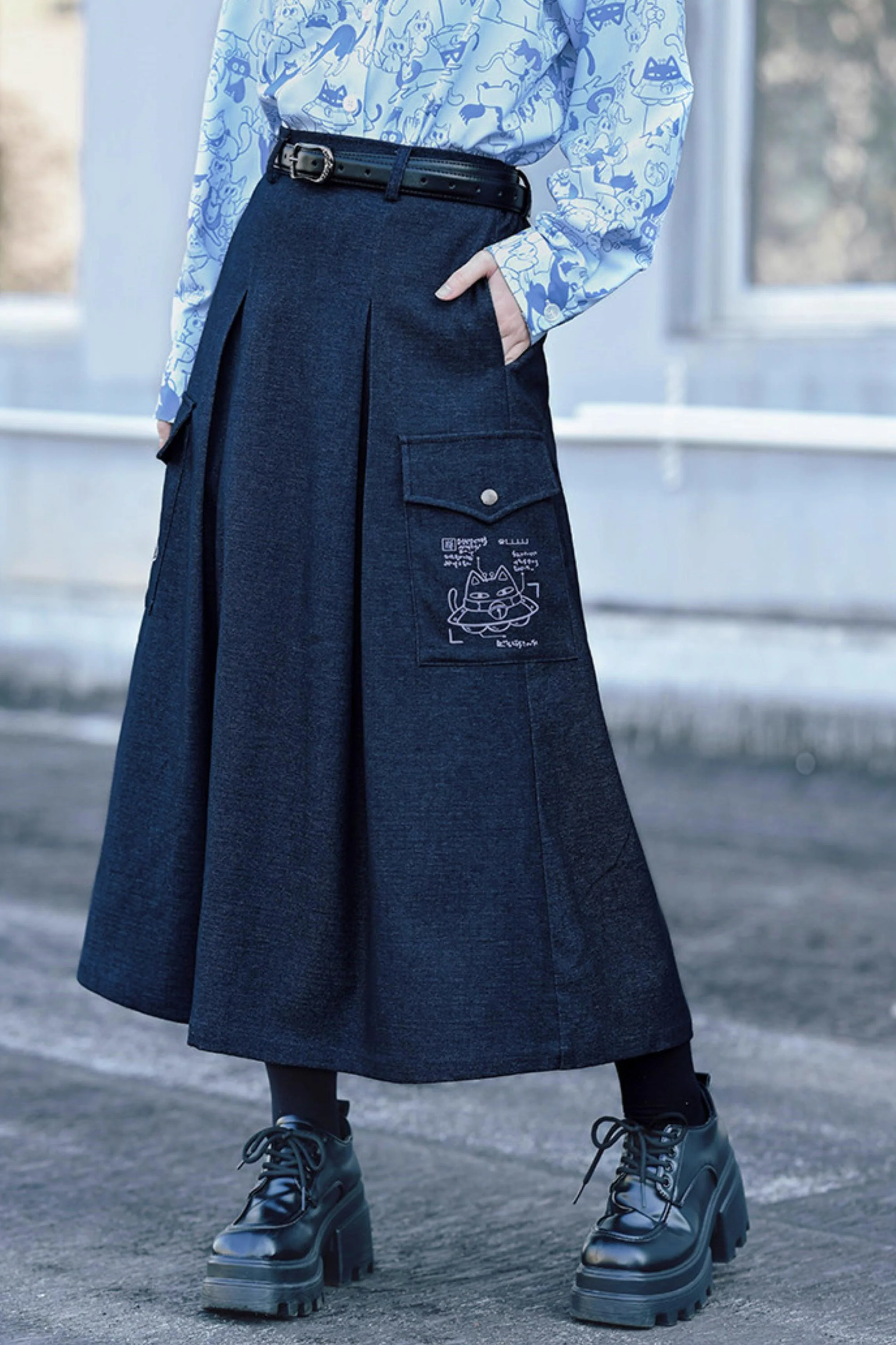 Cat Print Denim Skirt - Image 4