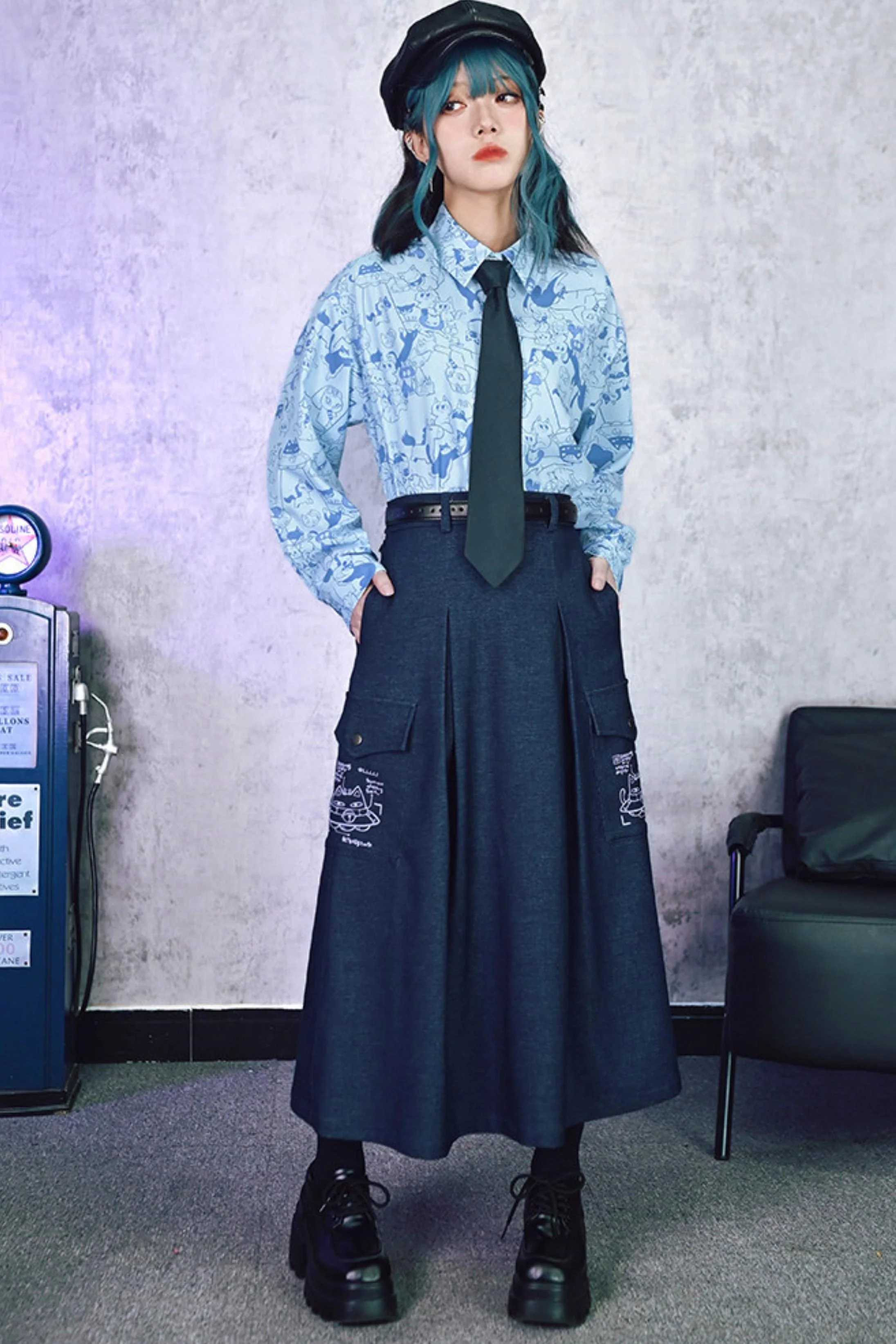 Cat Print Denim Skirt - Image 6
