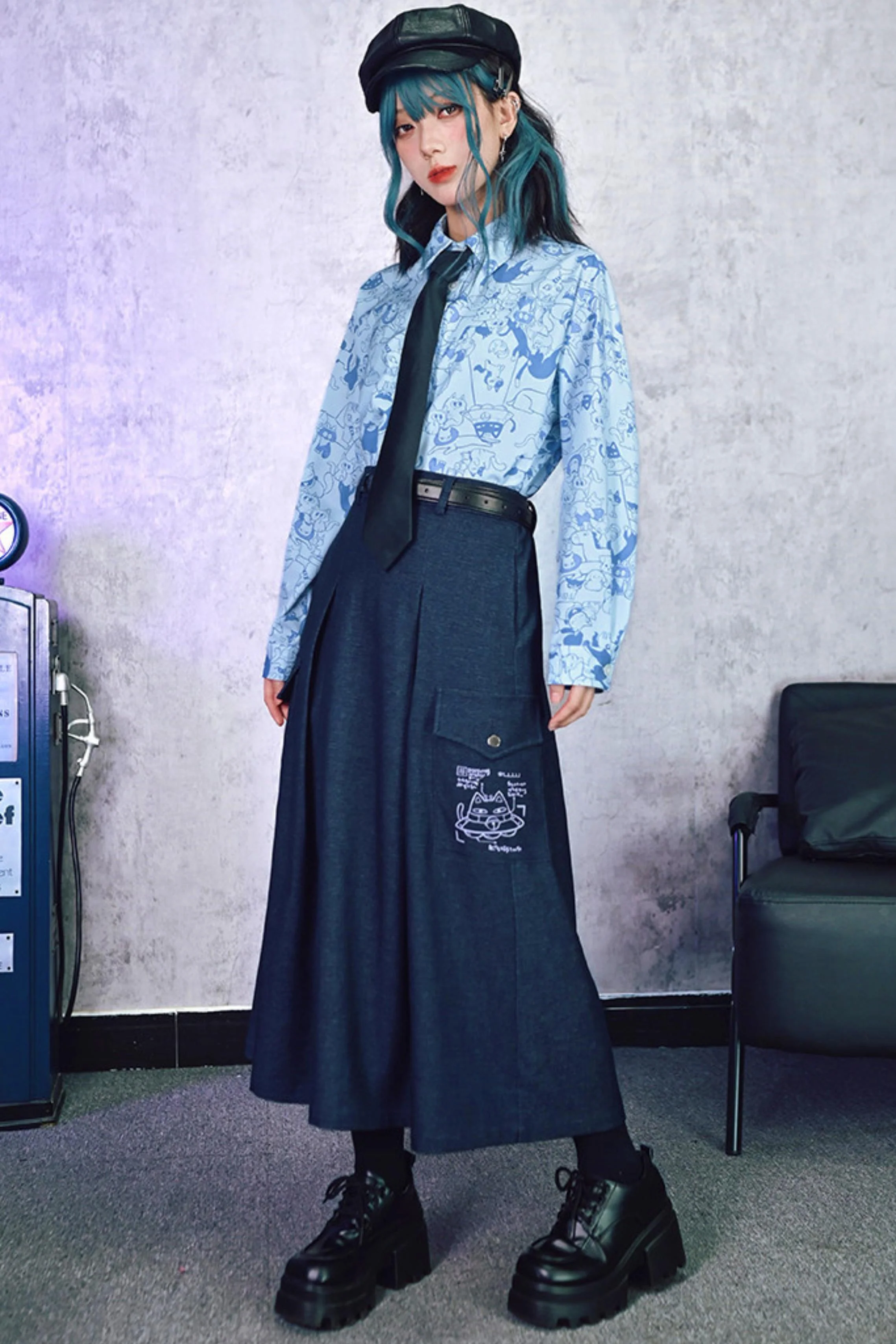 Cat Print Denim Skirt - Image 8