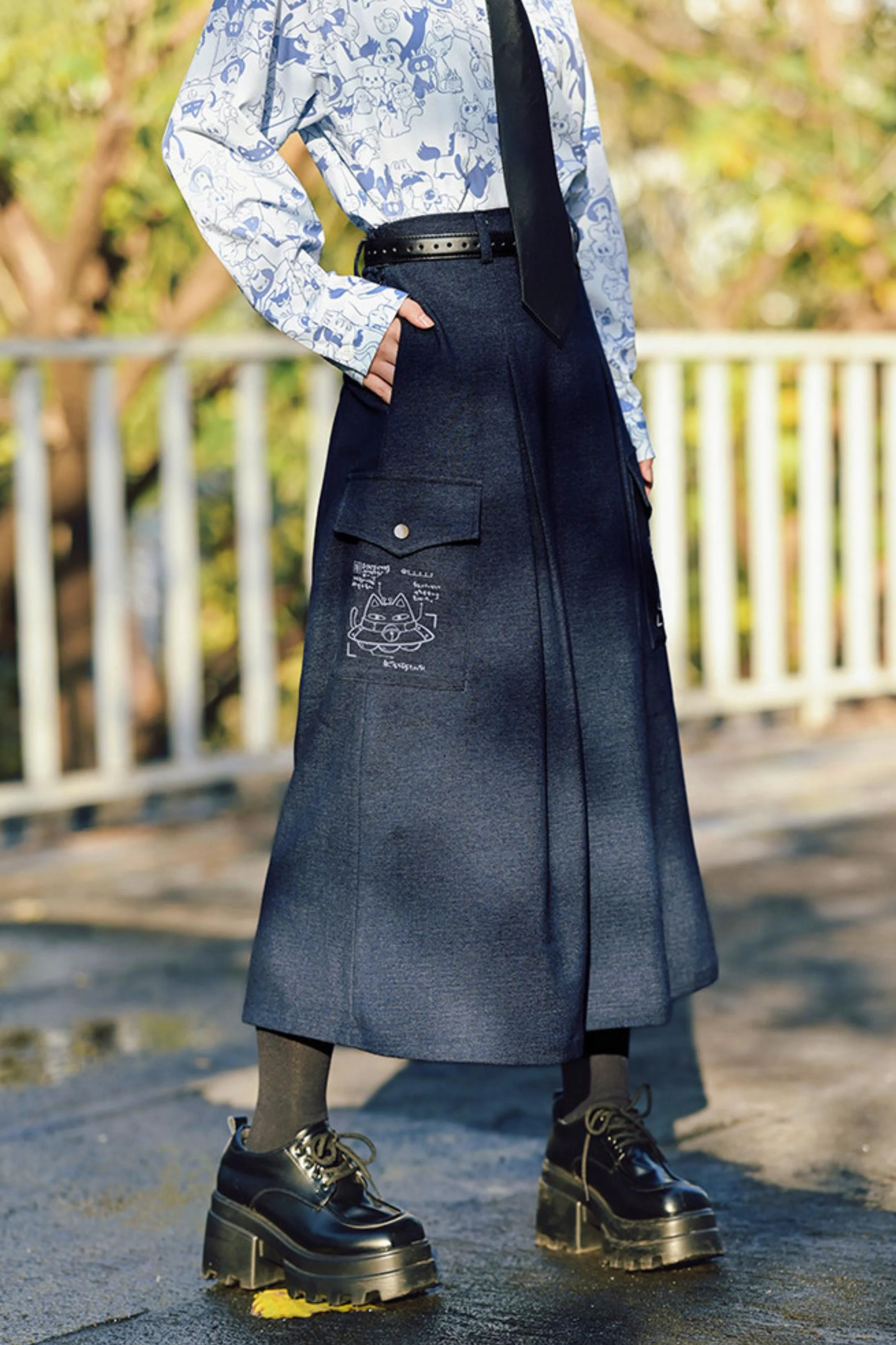 Cat Print Denim Skirt - Image 9