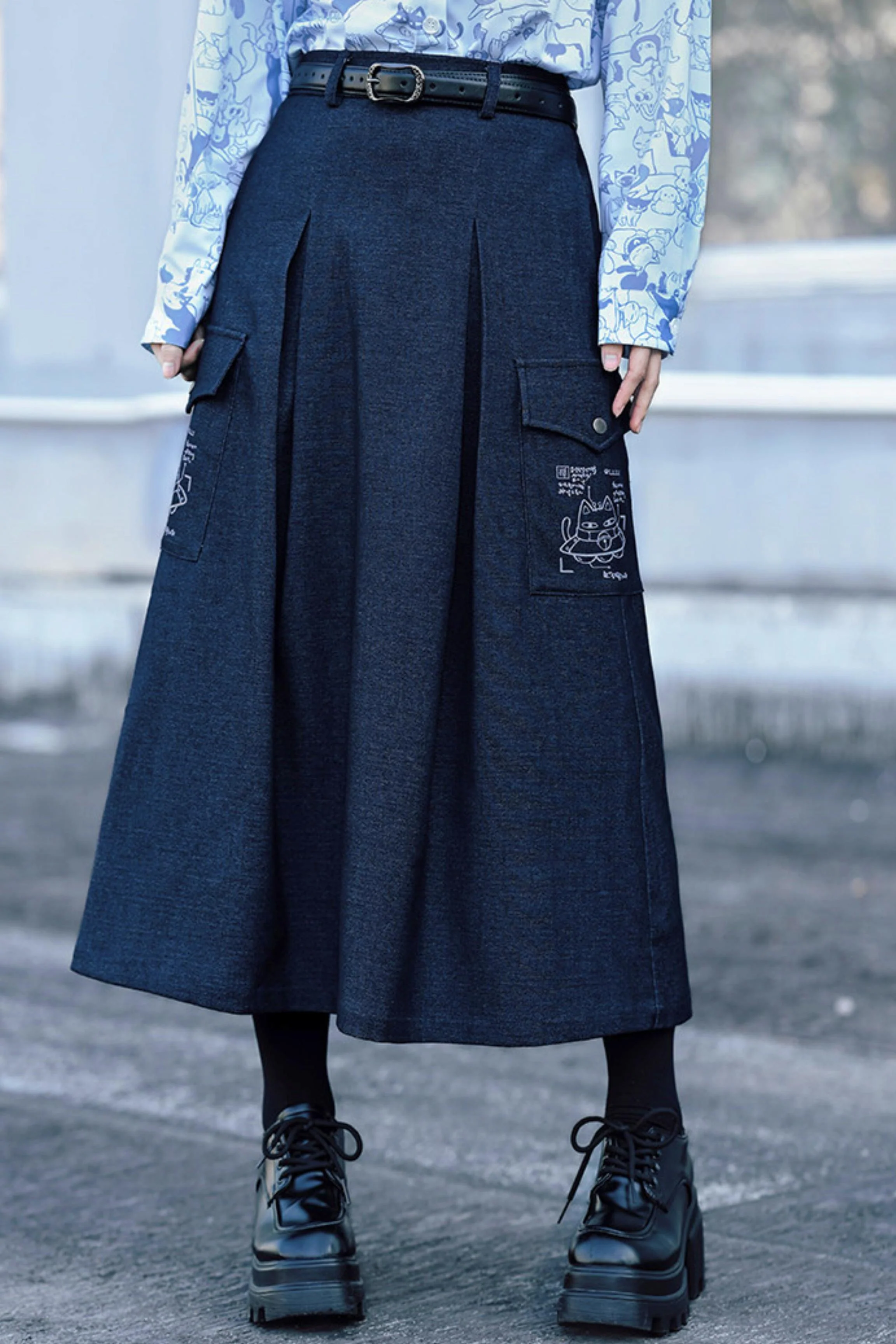 Cat Print Denim Skirt - Image 2