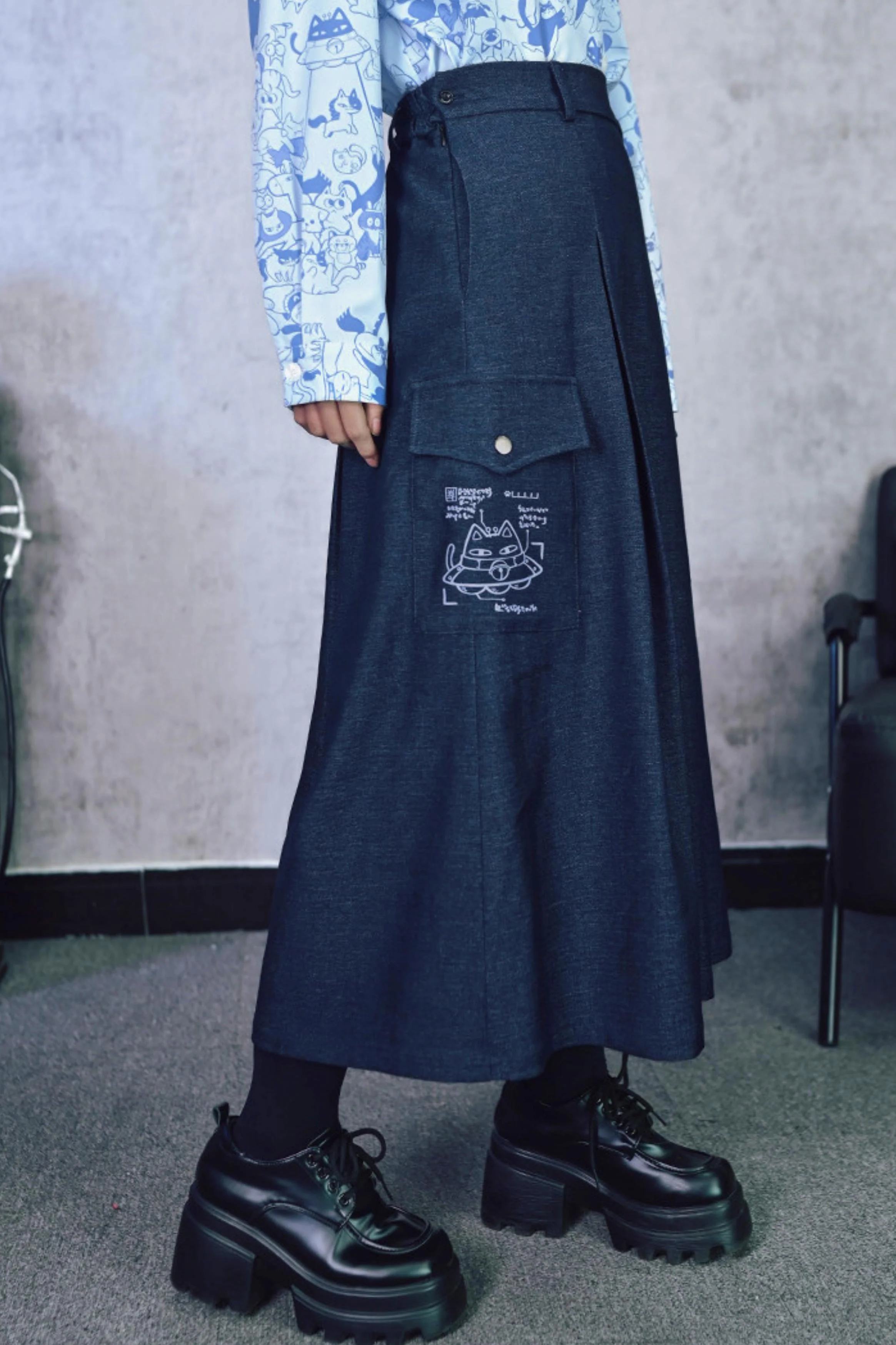 Cat Print Denim Skirt - Image 5