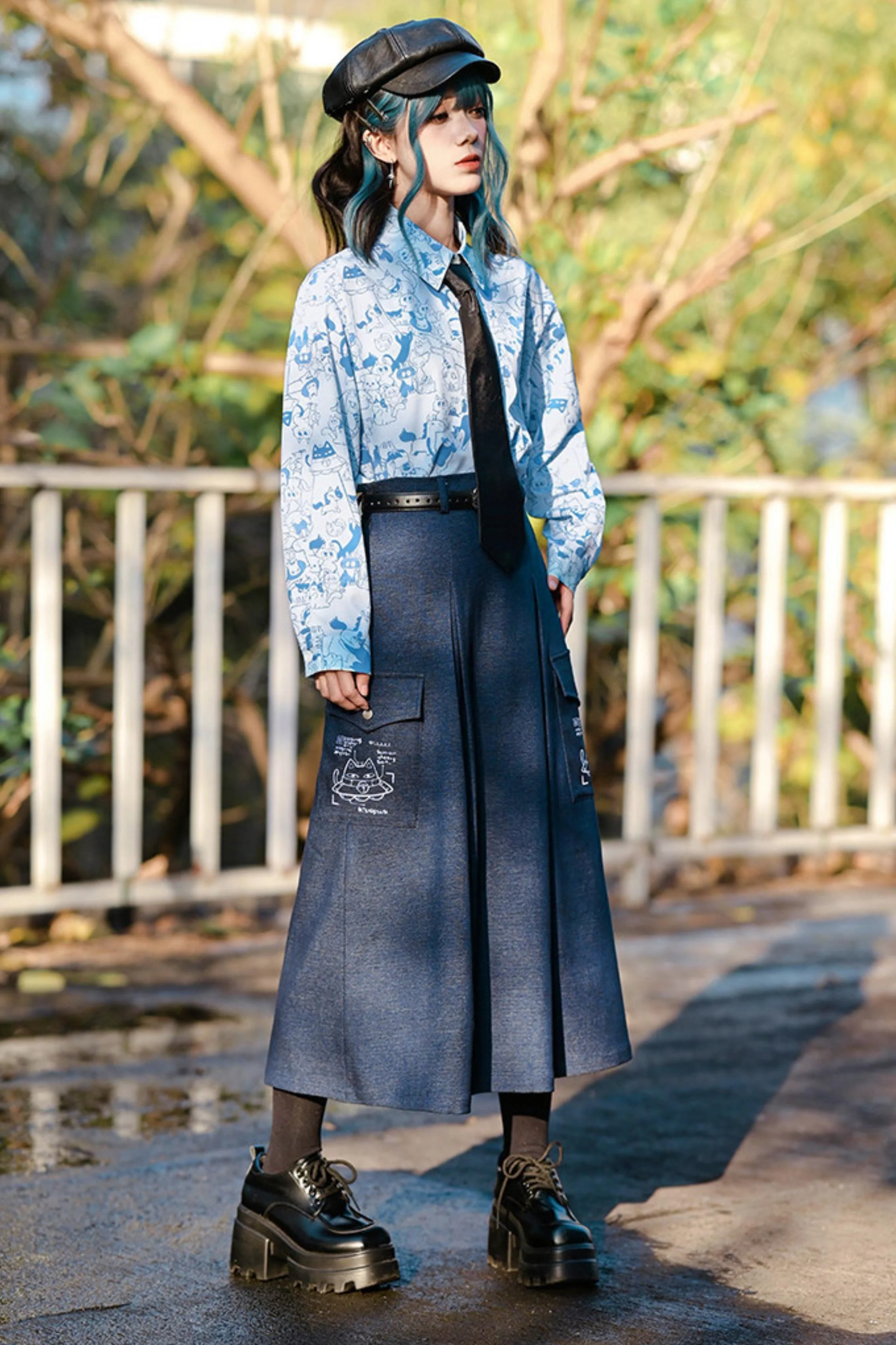 Cat Print Denim Skirt - Image 12