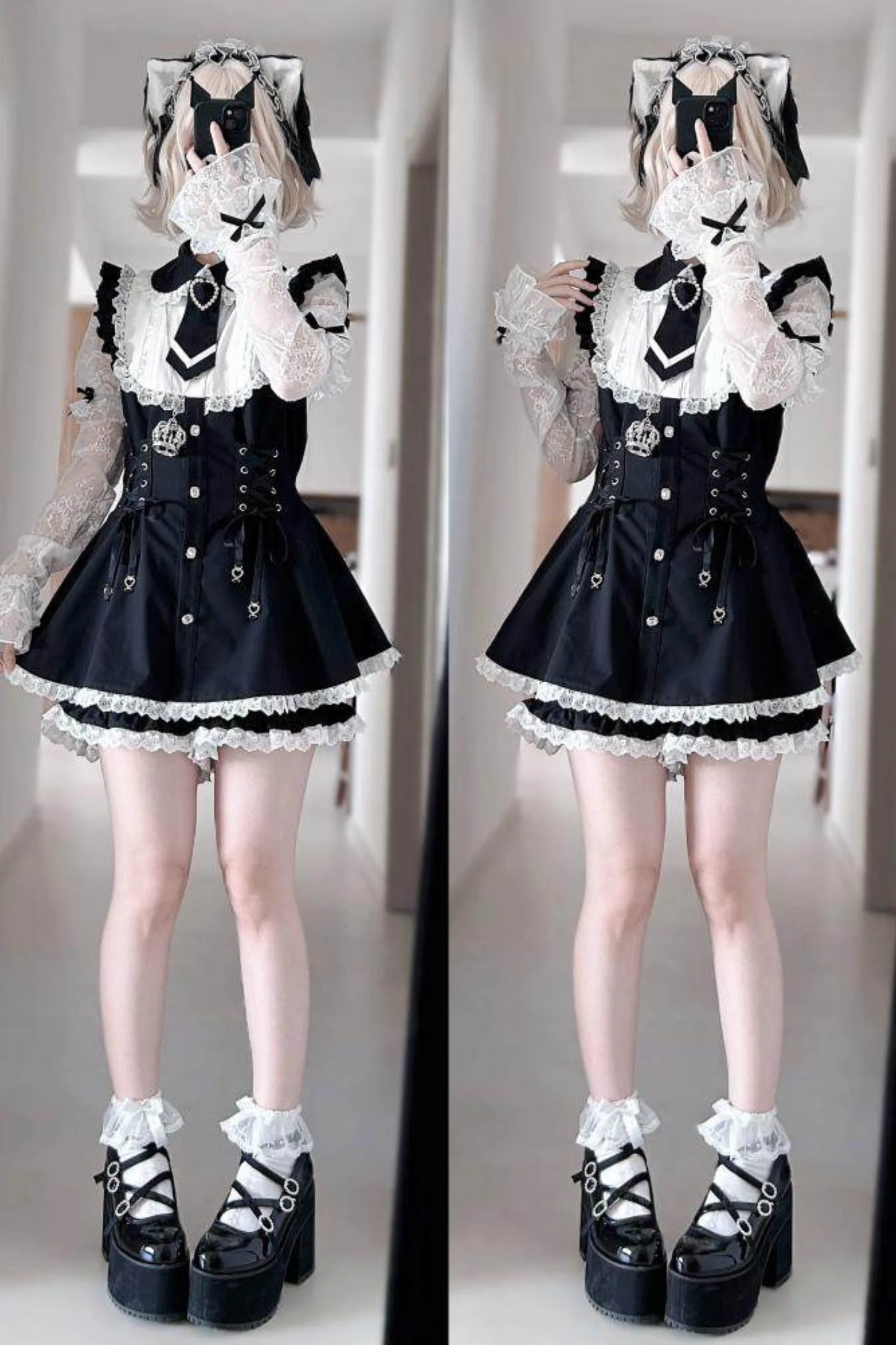 Lace-up Jirai Dress + Shorts + Sleeves + Brooch