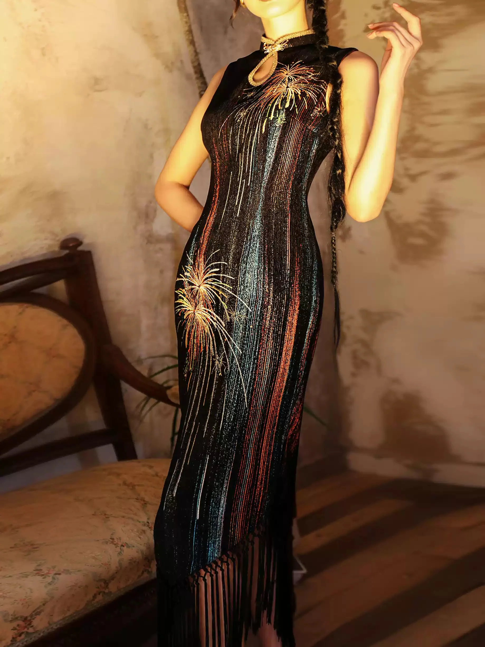 Chenille Embroidery Tassel Cheongsam Dress - Image 2