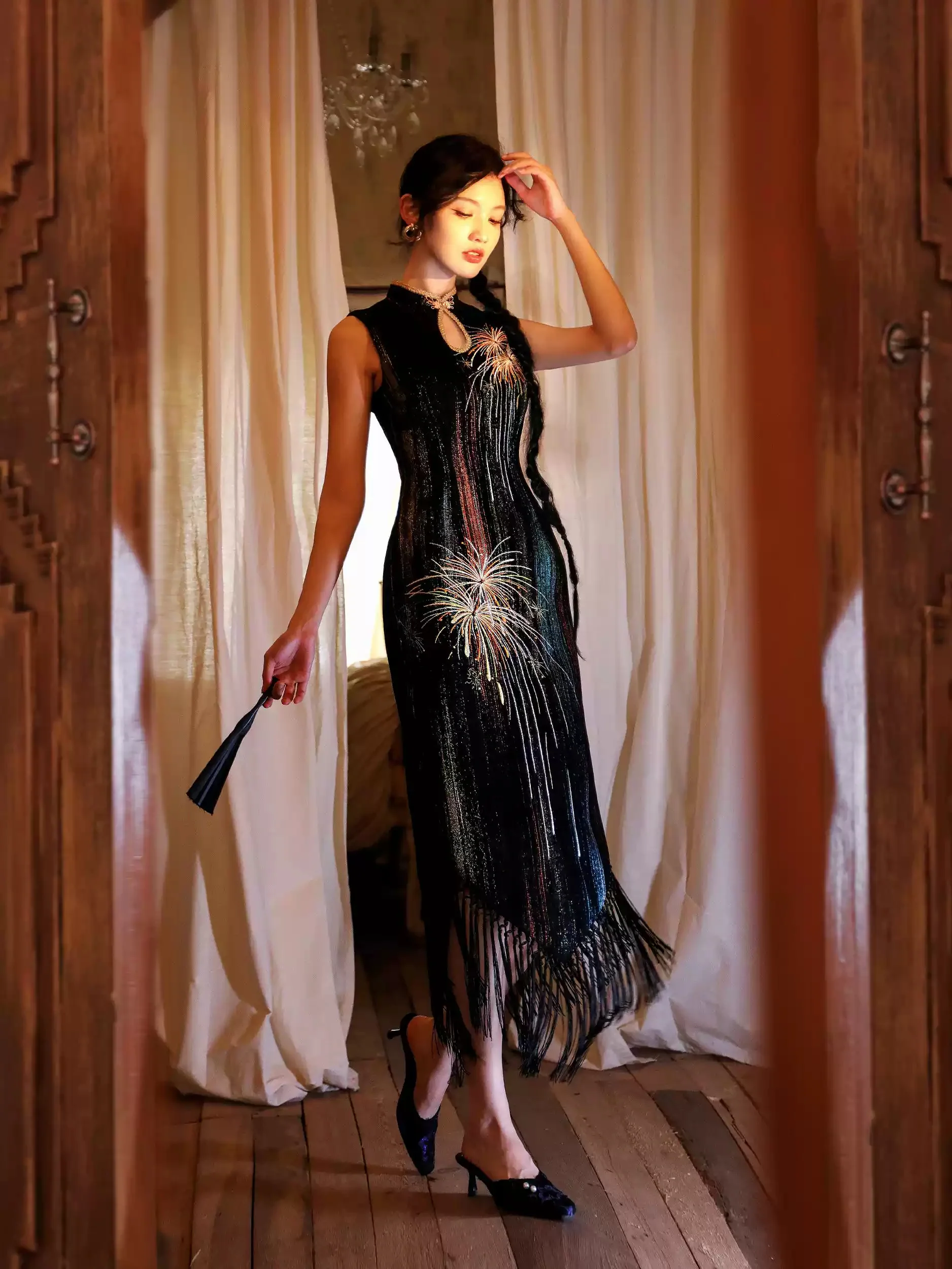 Chenille Embroidery Tassel Cheongsam Dress - Image 3