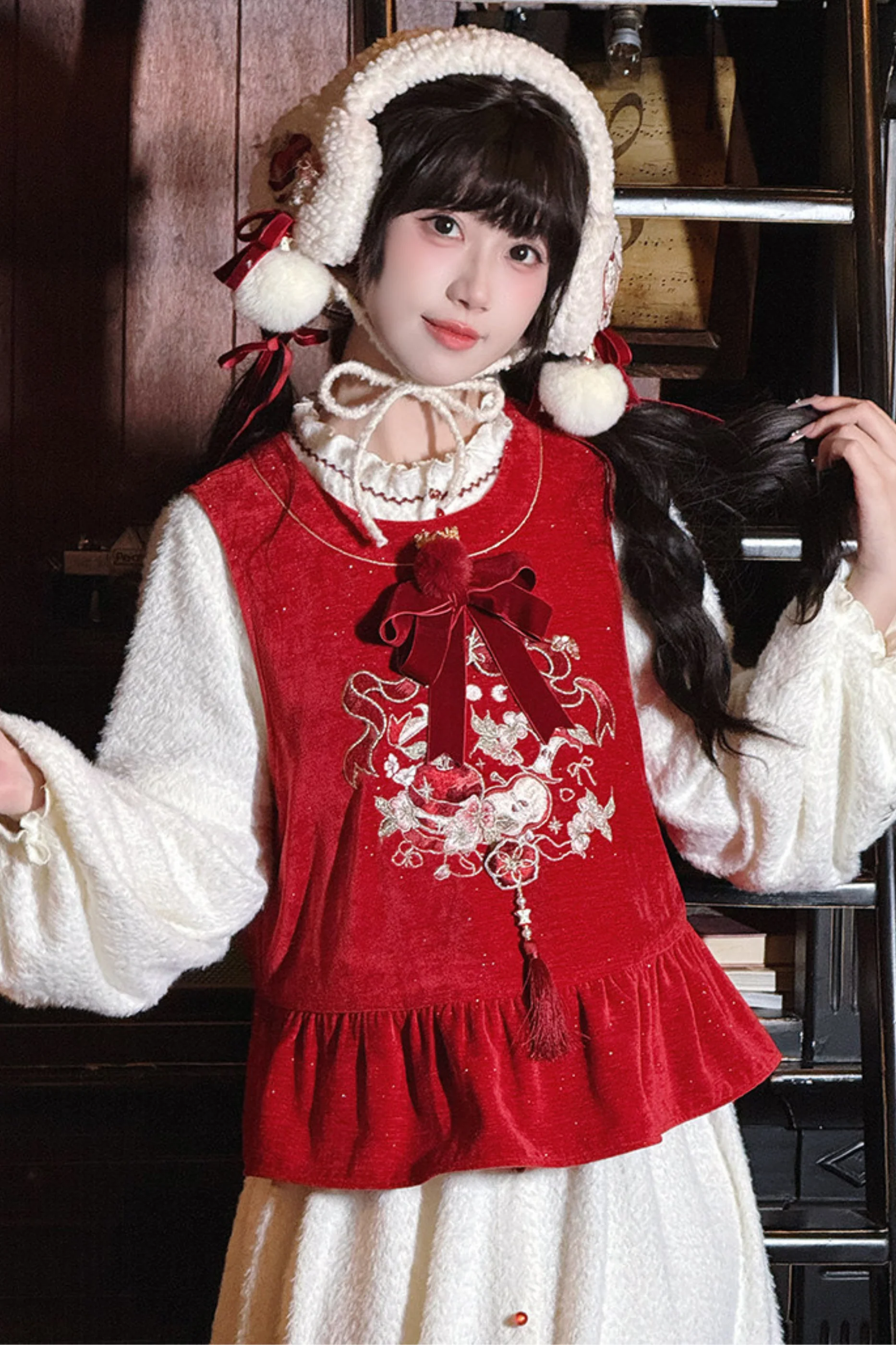 Chinese Dark Red Vest + Dress + Ear Cuffs - Image 9