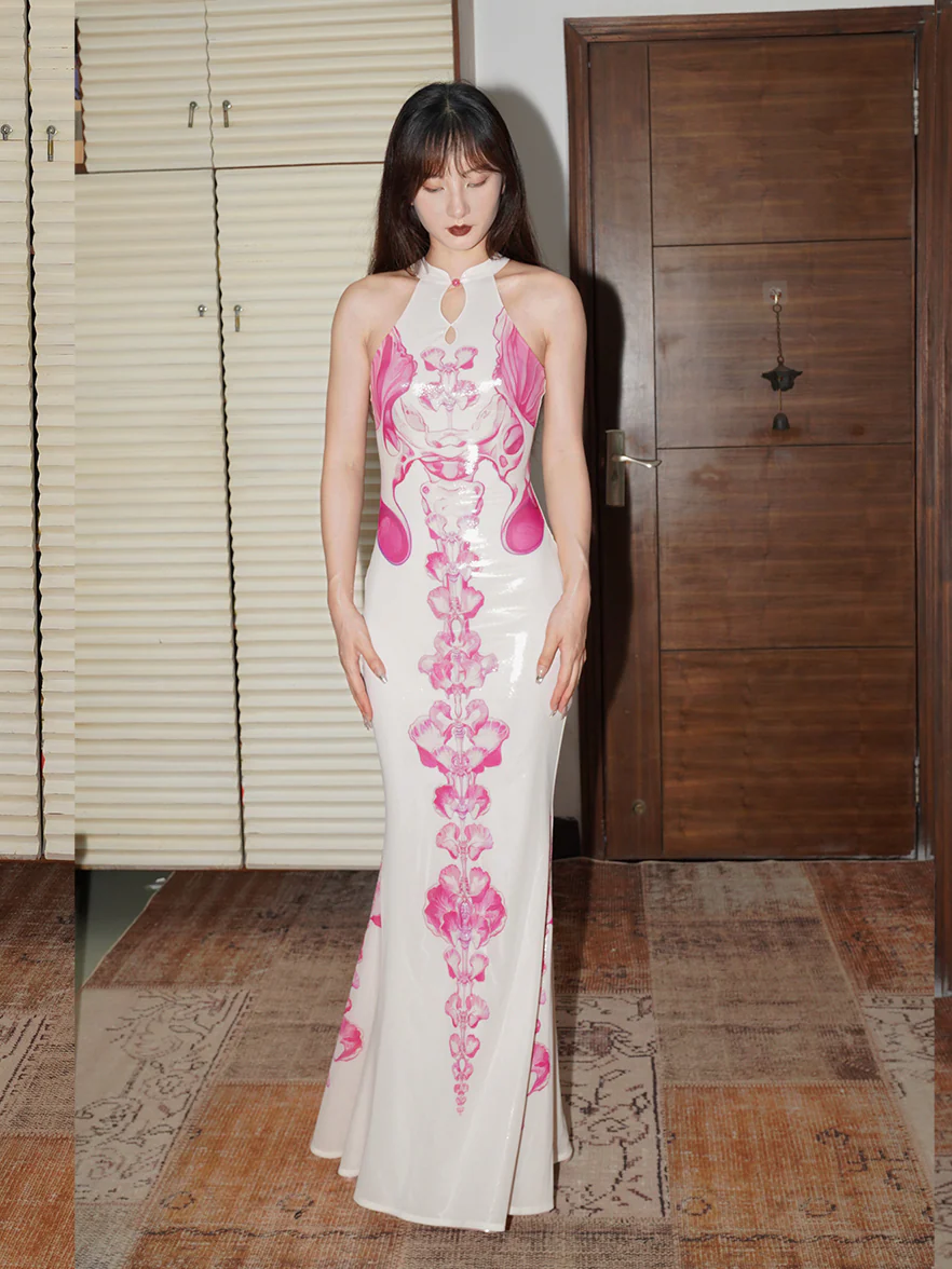 Cheongsam White Printed Dress - Image 5