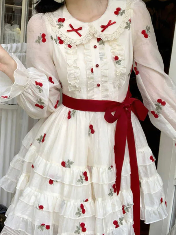 Cherry Embroidered Lace Long-sleeved Dress - Image 2