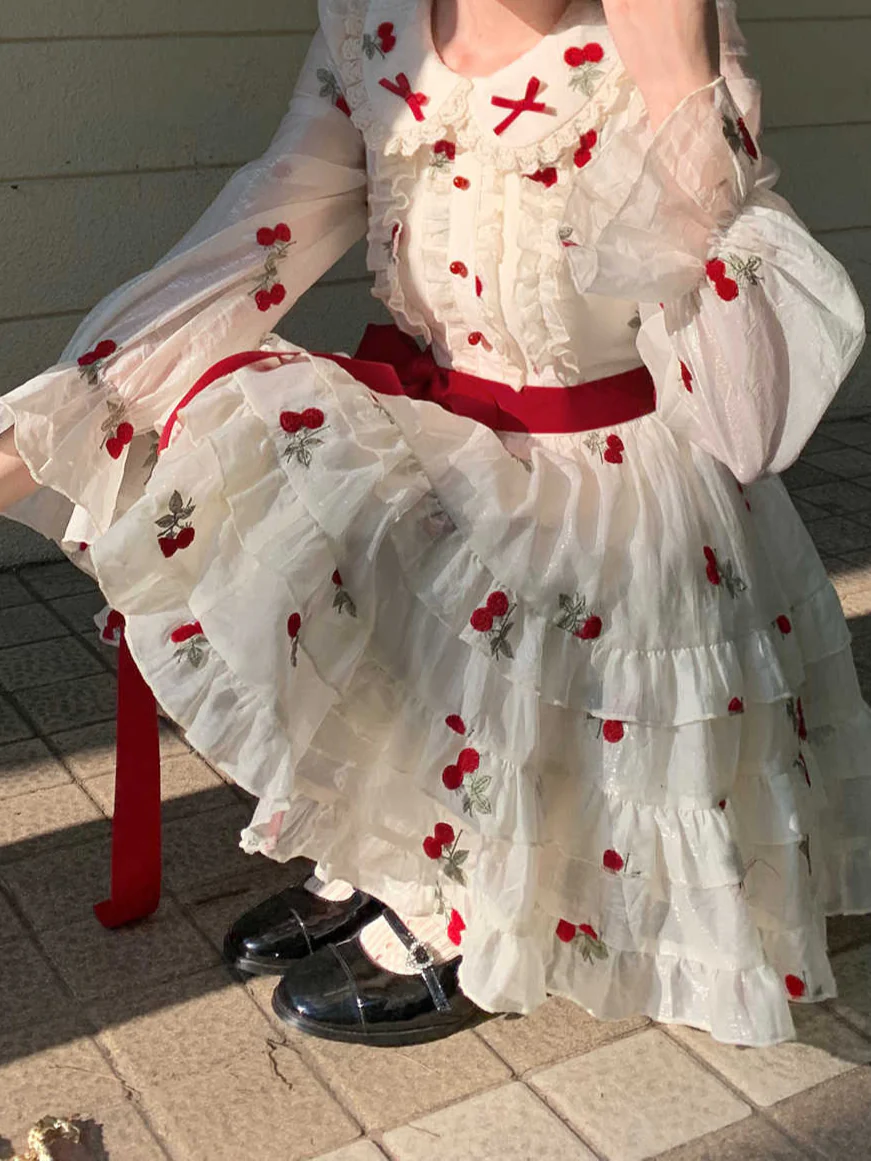 Cherry Embroidered Lace Long-sleeved Dress - Image 3