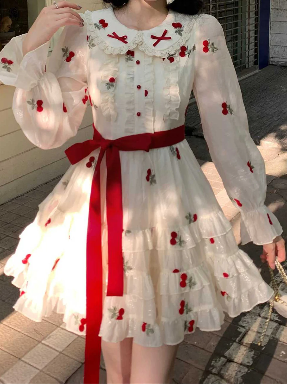 Cherry Embroidered Lace Long-sleeved Dress - Image 4