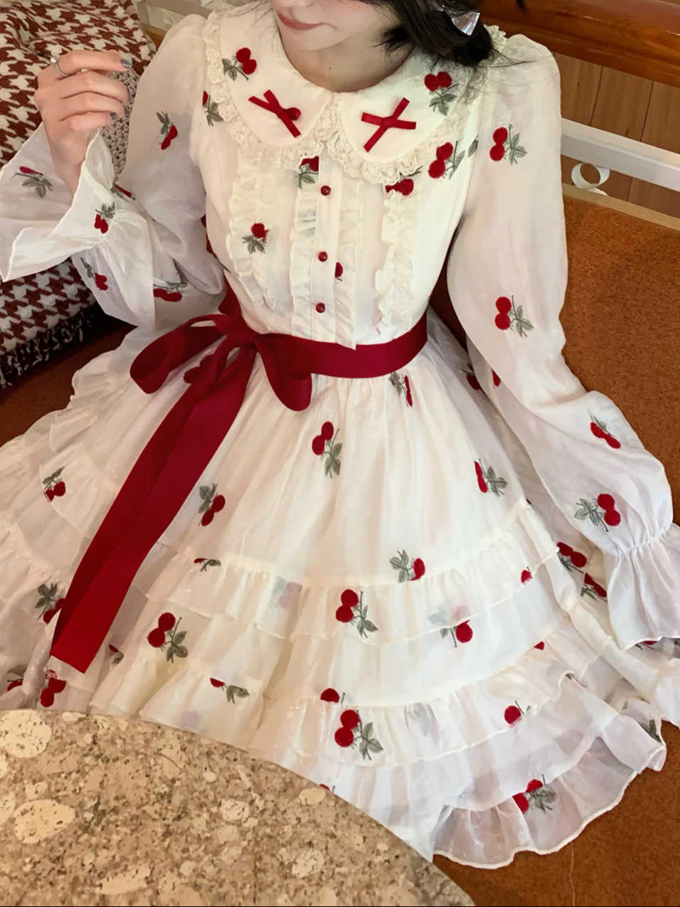 Cherry Embroidered Lace Long-sleeved Dress - Image 5