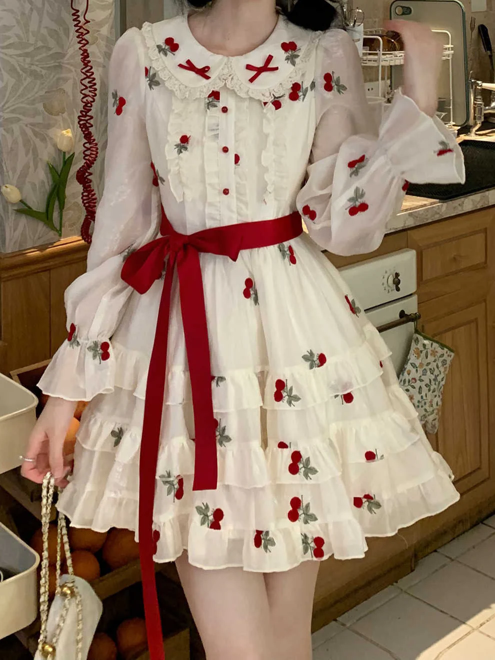 Cherry Embroidered Lace Long-sleeved Dress - Image 6