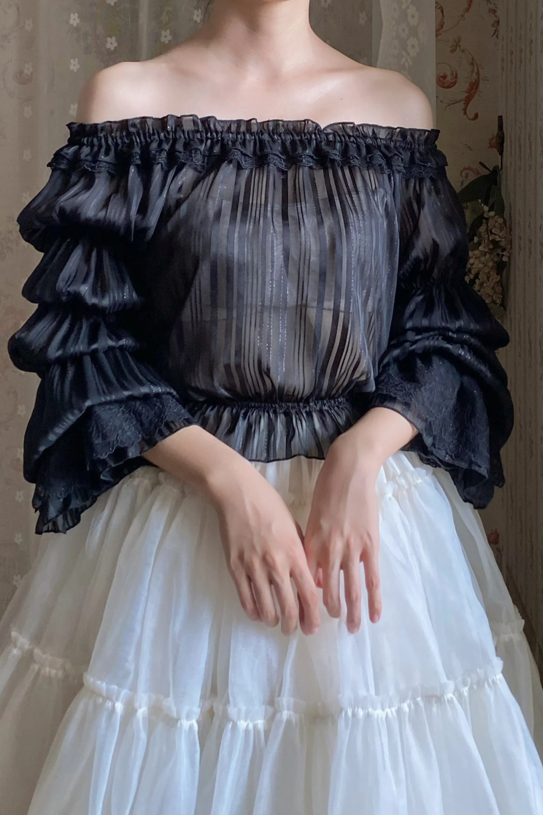 Chiffon Off-Shoulder Sheer Top - Image 19