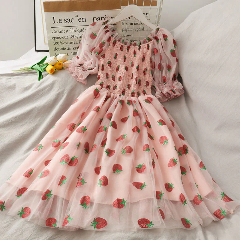 Chiffon Strawberry Puff Sleeve Dress - Image 2