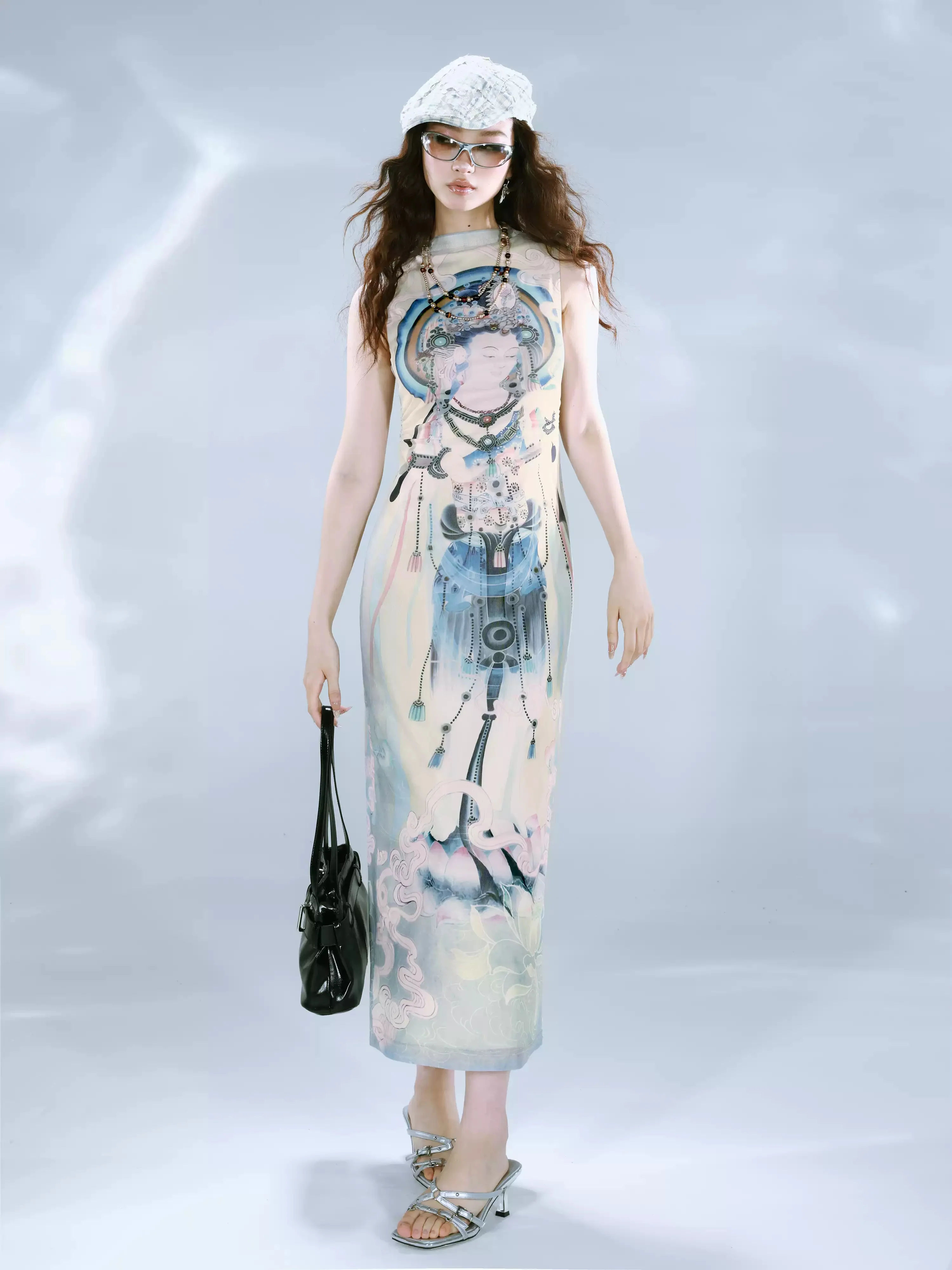 Chinese Art Printed Mesh Stretch Dress
