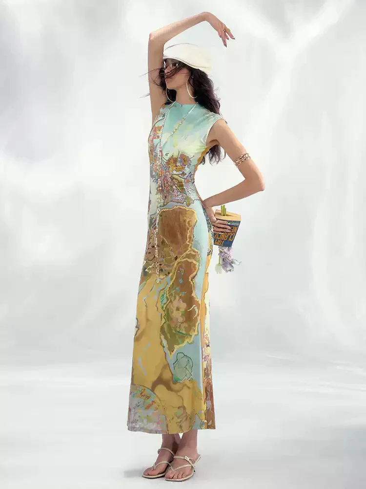 Chinese Print Lake Cheongsam Dress - Image 4