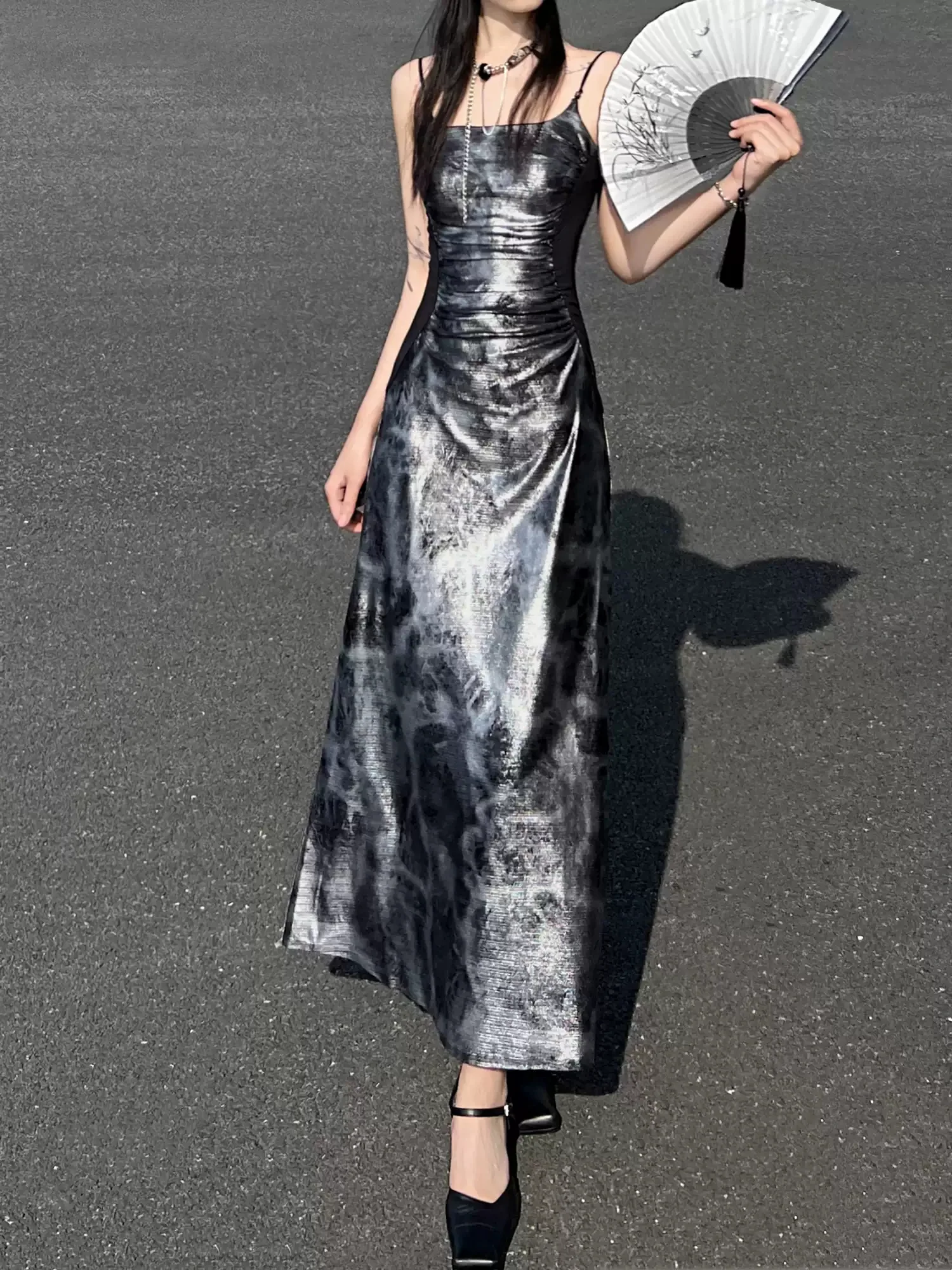 Chinese Style Shiny Silver Suspender Dress