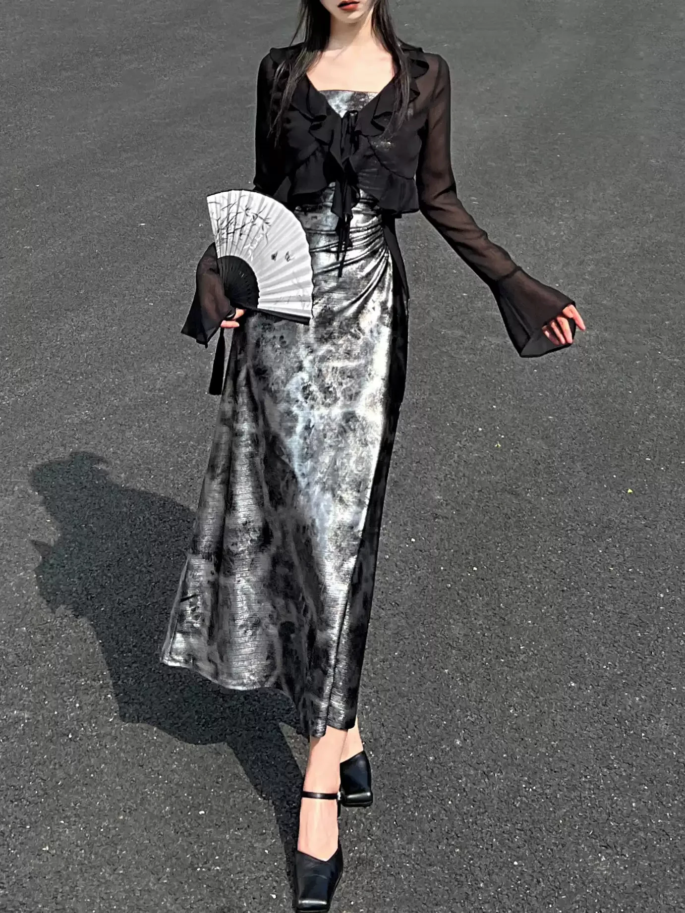 Chinese Style Shiny Silver Suspender Dress - Image 2