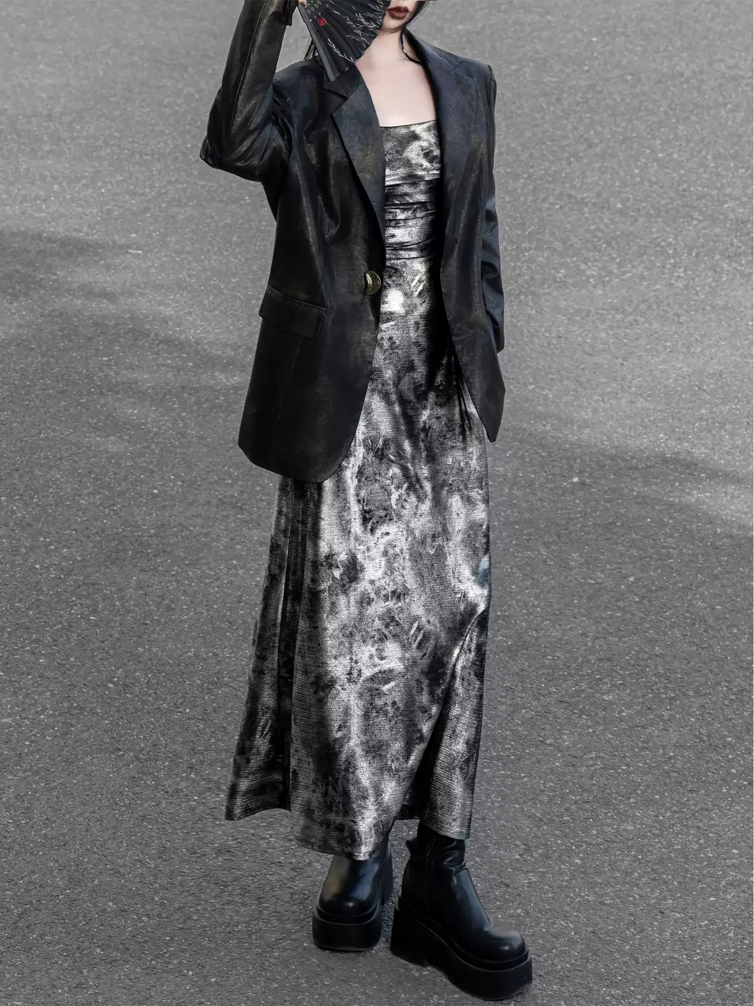 Chinese Style Shiny Silver Suspender Dress - Image 3
