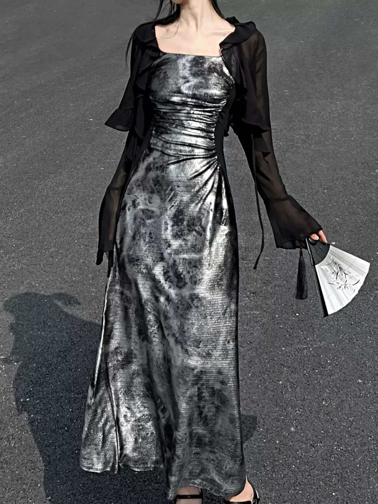 Chinese Style Shiny Silver Suspender Dress - Image 4