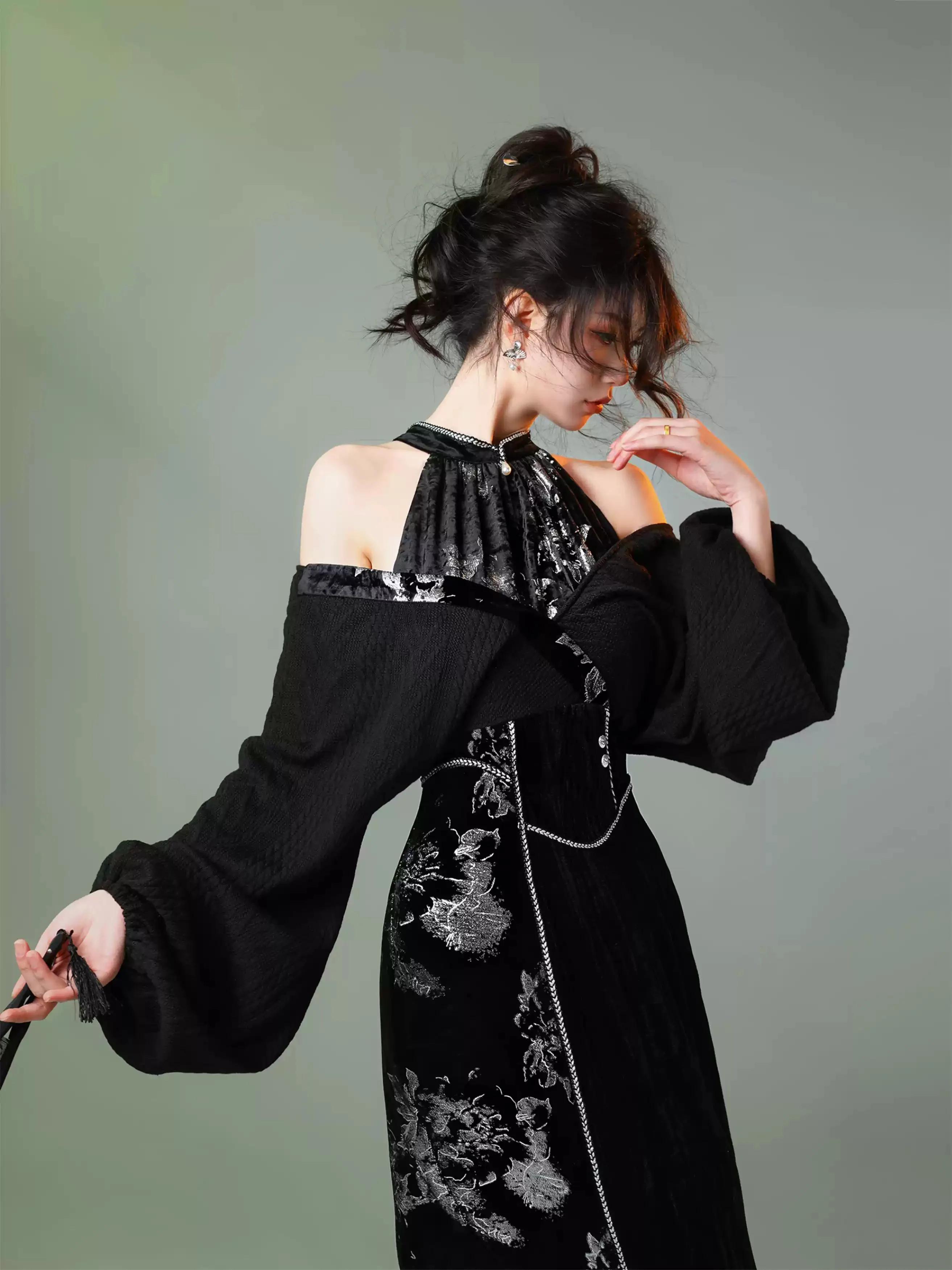 Chinese Style Silver Velvet Cheongsam Dress