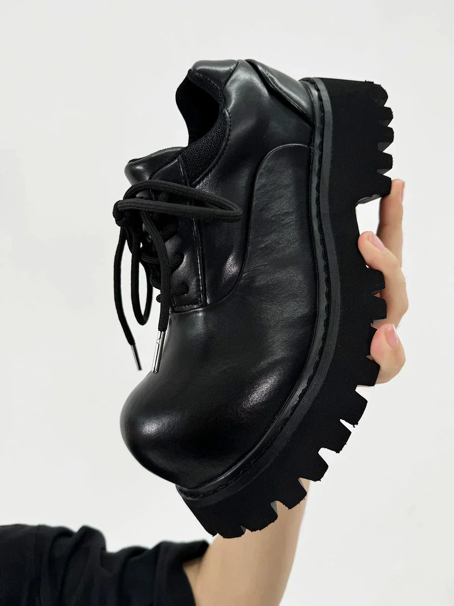 Chunky Black Leather Lug Sole Derby Shoes - Image 4
