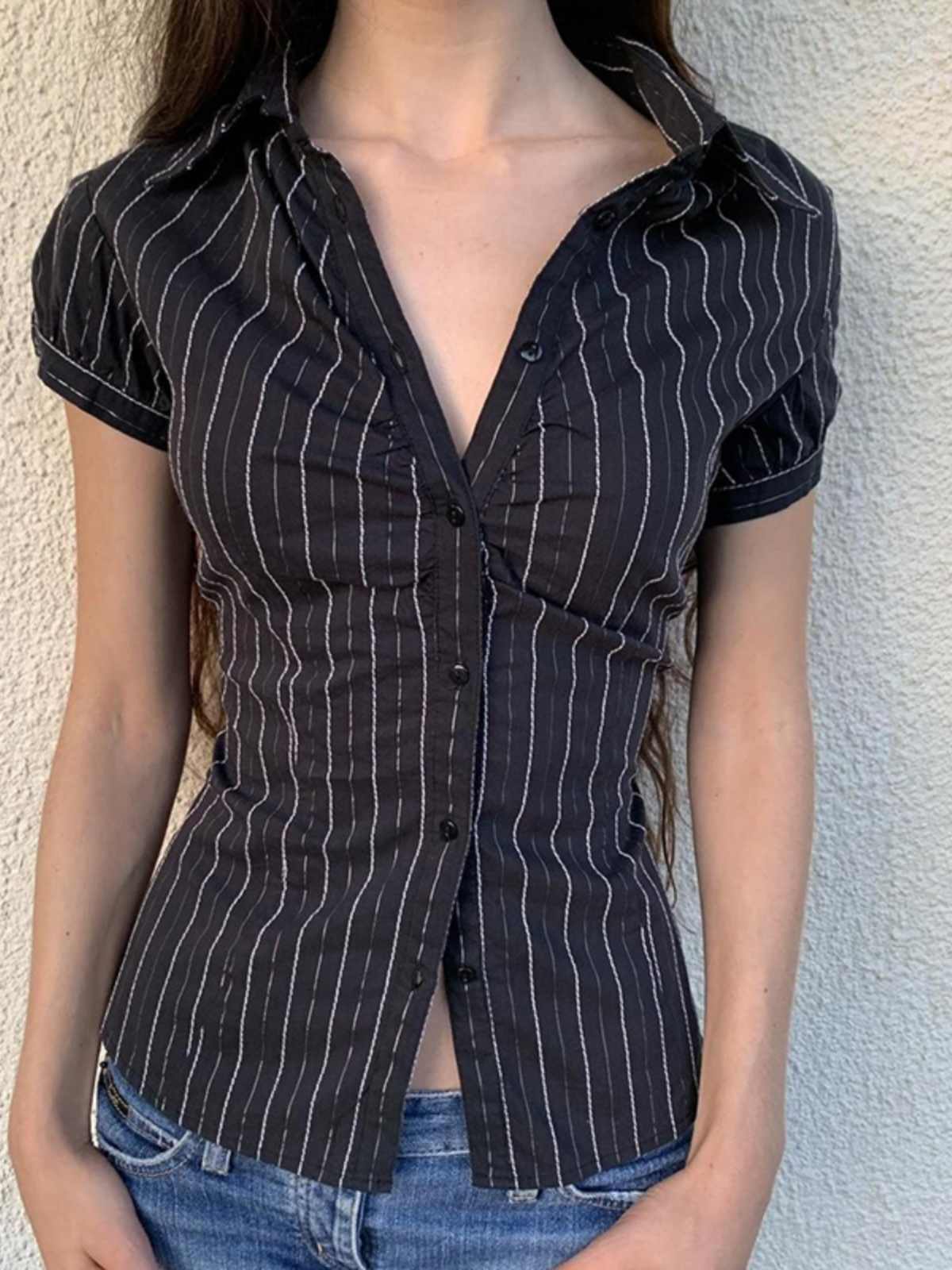 Classic V-neck Button-down Striped Shirt - Image 2