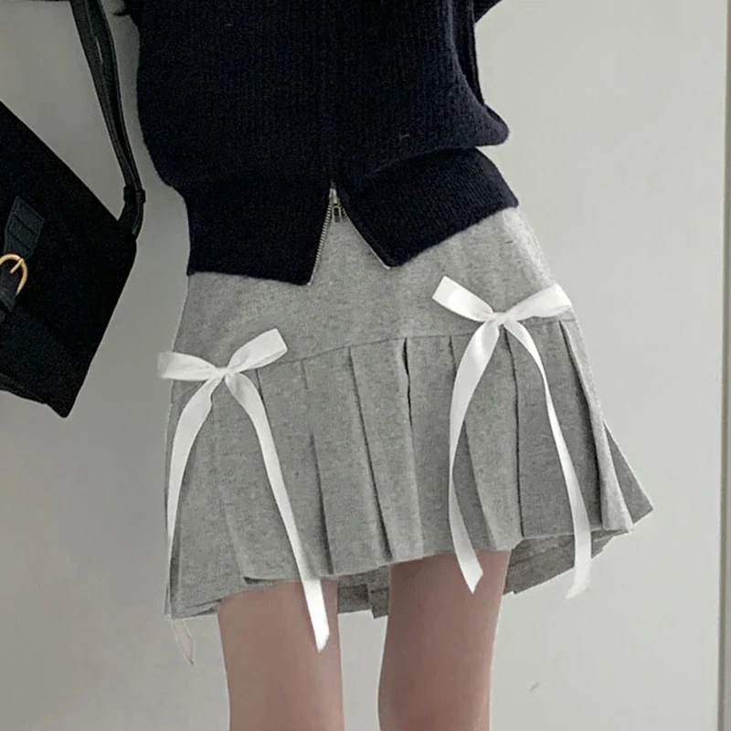 Coquette Aesthetic Outfits Double Bow Gray Pleated Mini Skirt - Image 3