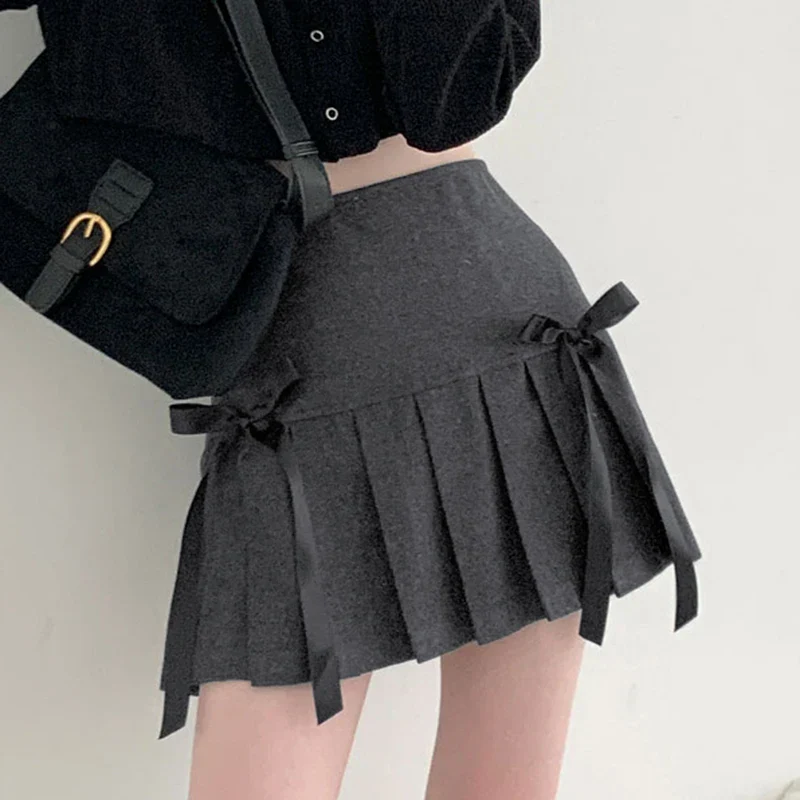 Coquette Aesthetic Outfits Double Bow Gray Pleated Mini Skirt - Image 4