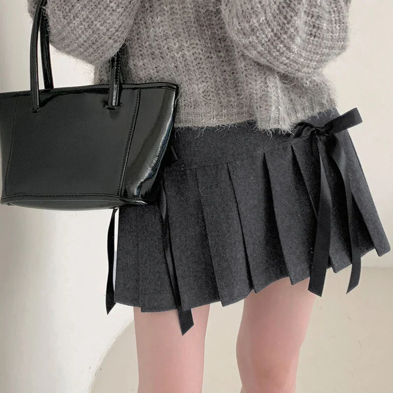Coquette Aesthetic Outfits Double Bow Gray Pleated Mini Skirt - Image 5