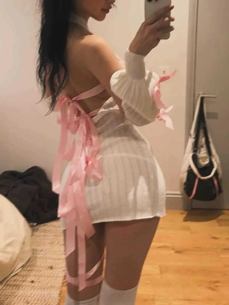 Coquette Bow Hollow Backless Sweater Dress - Image 3
