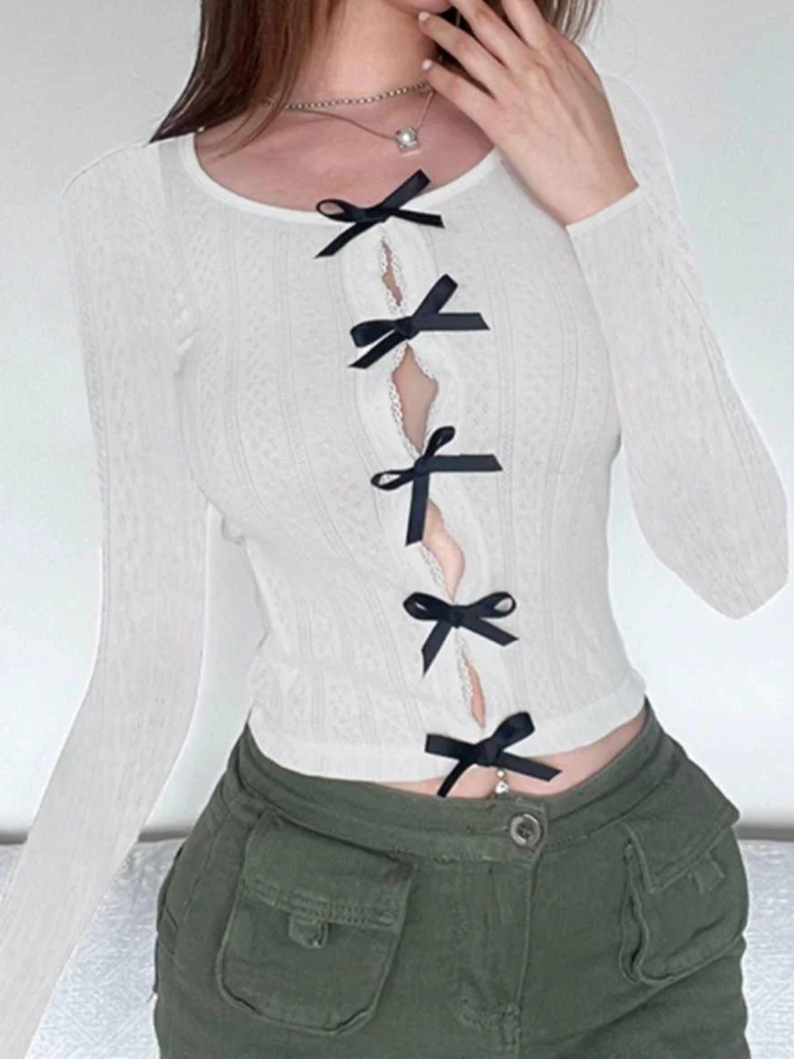 Coquette Bow Lace Long-sleeved Top - Image 3