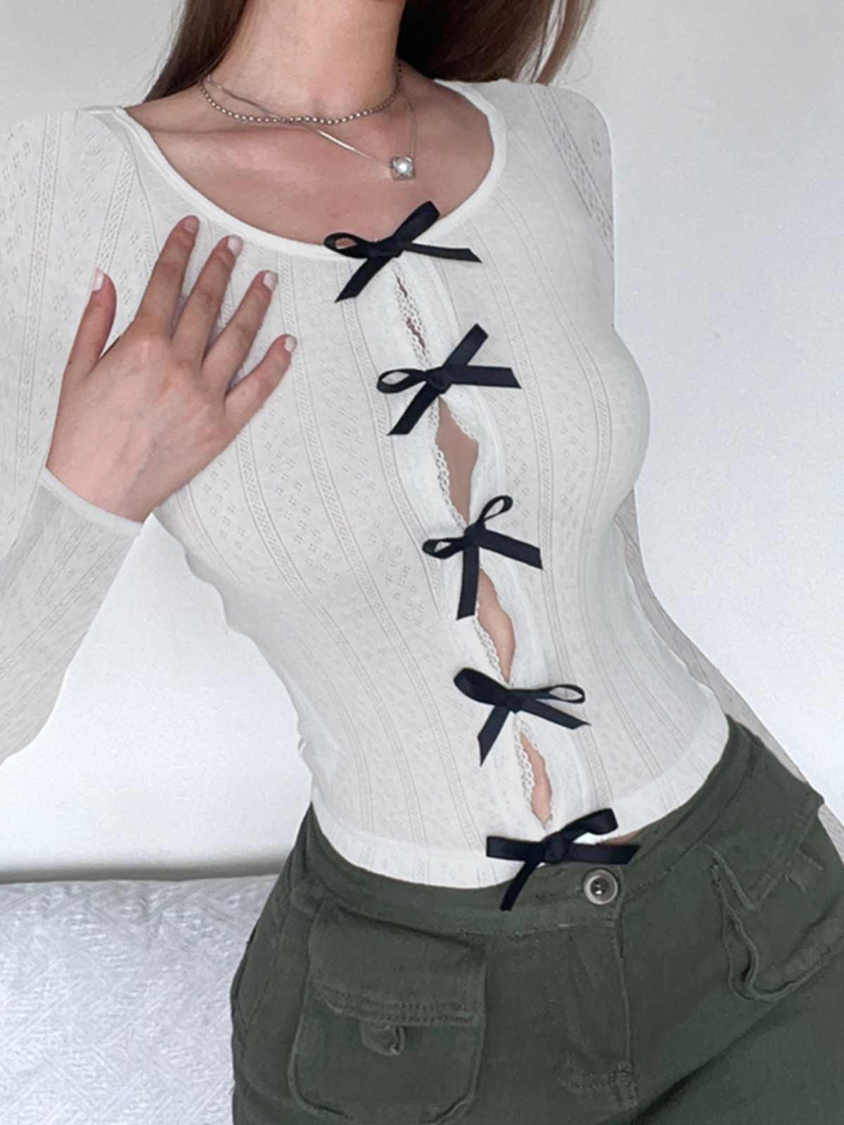 Coquette Bow Lace Long-sleeved Top - Image 4